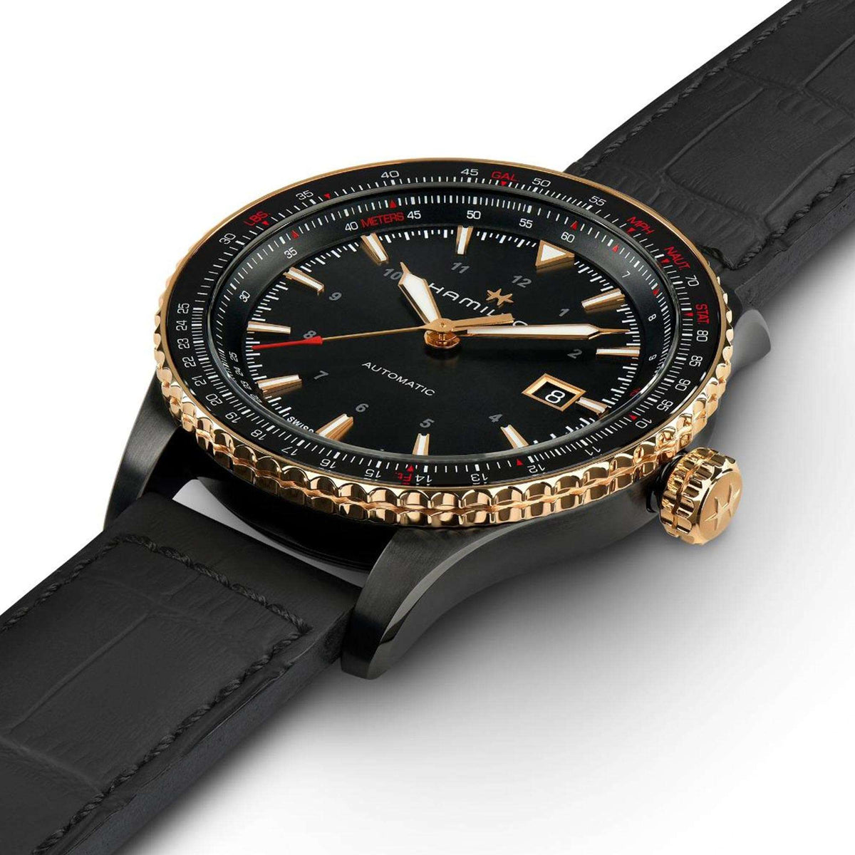Men's automatic watch, black dial with baton markers, black leather strap, gold-tone case.
