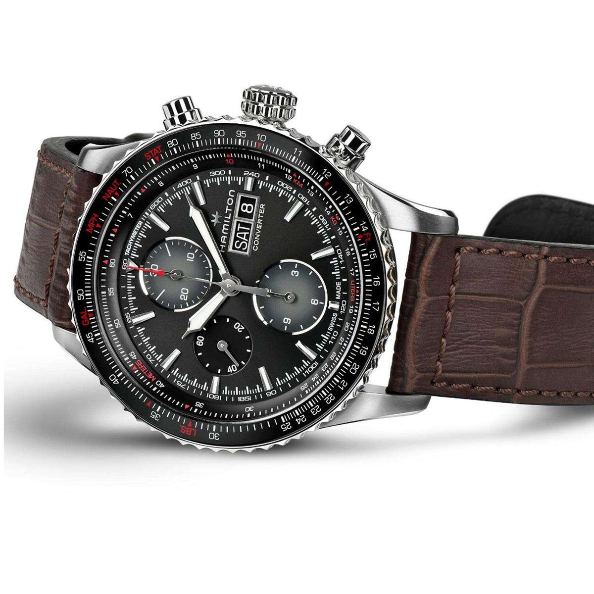 Men's chronograph watch, black dial with subdials, brown leather strap, angled view