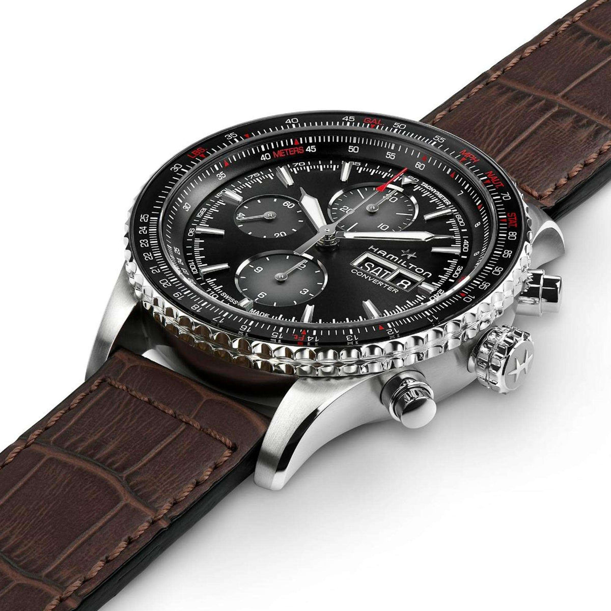 Men's chronograph watch with black dial and brown leather strap, crown-side view