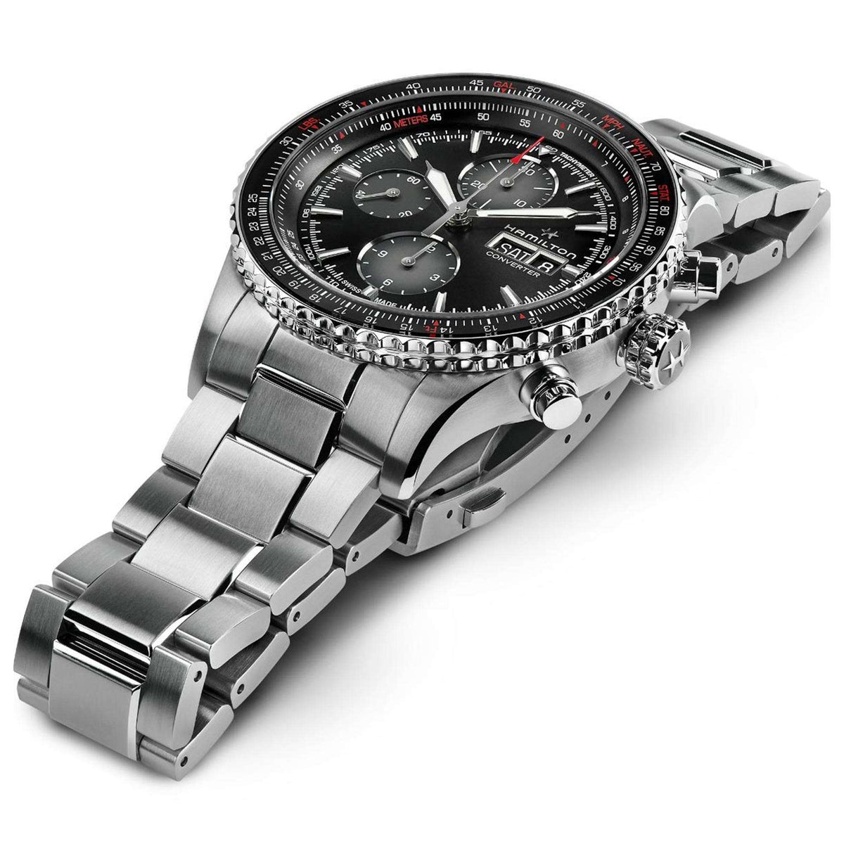 Stainless steel chronograph watch with black dial, multiple subdials, and pushers on case.