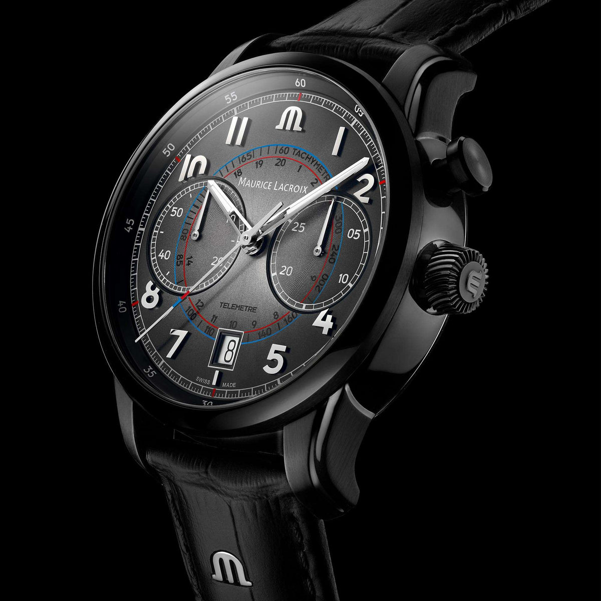 Maurice Lacroix Pontos chronograph watch, black dial with subdials and black leather strap