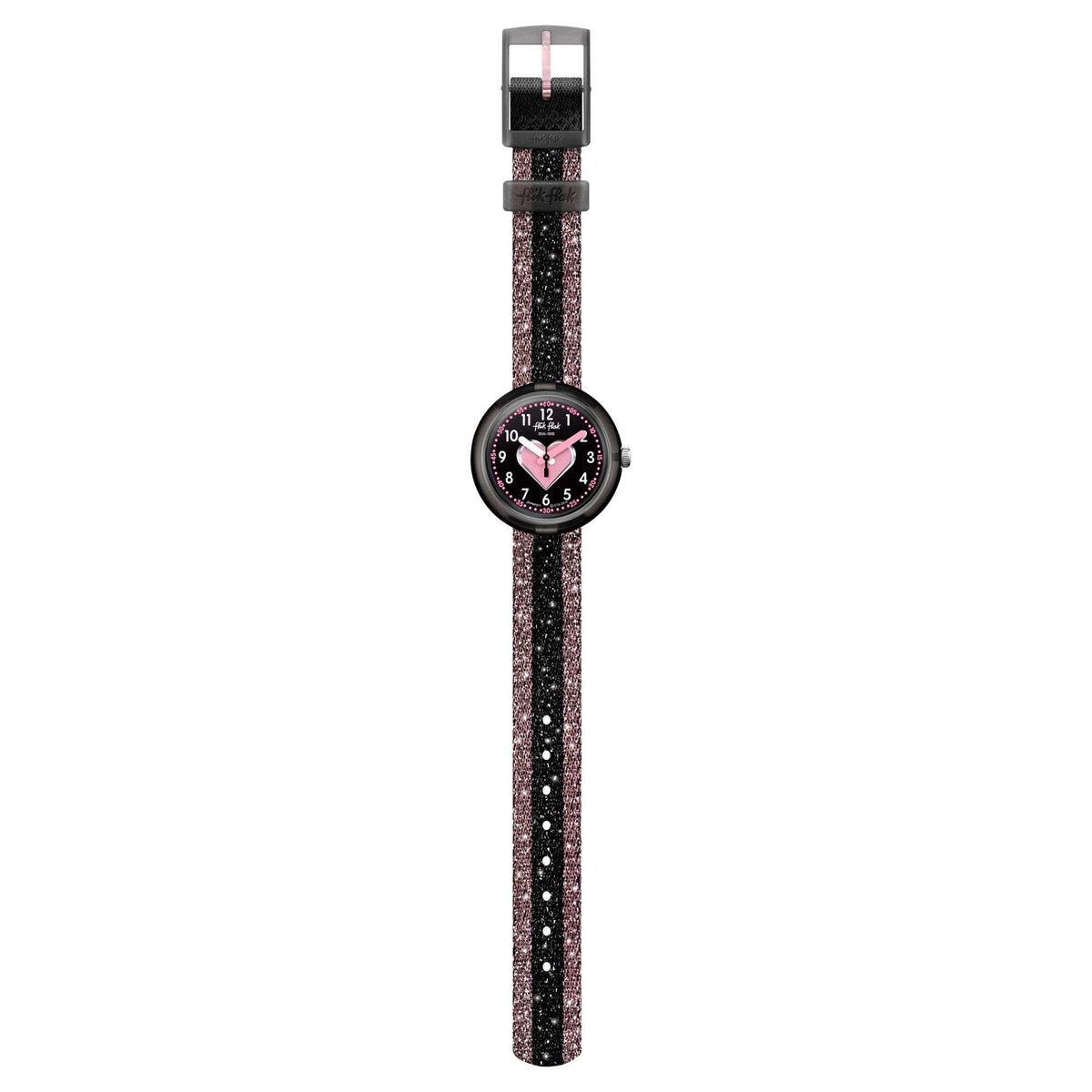 Flik Flak girls wrist watch, black case on glittery pink-and-black textile strap