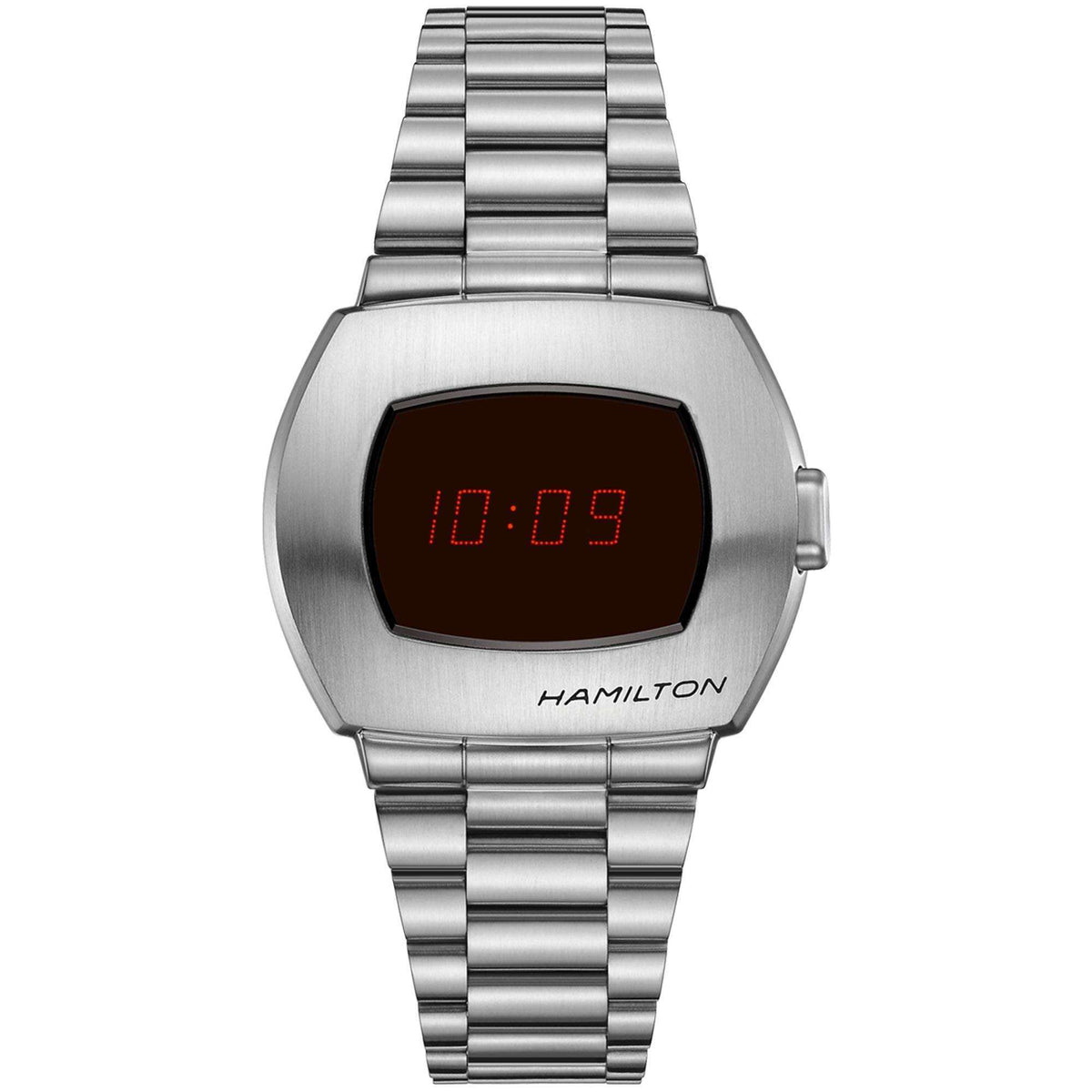  Hamilton American Classic PSR red digital black dial steel quartz watch H52414130 front view 