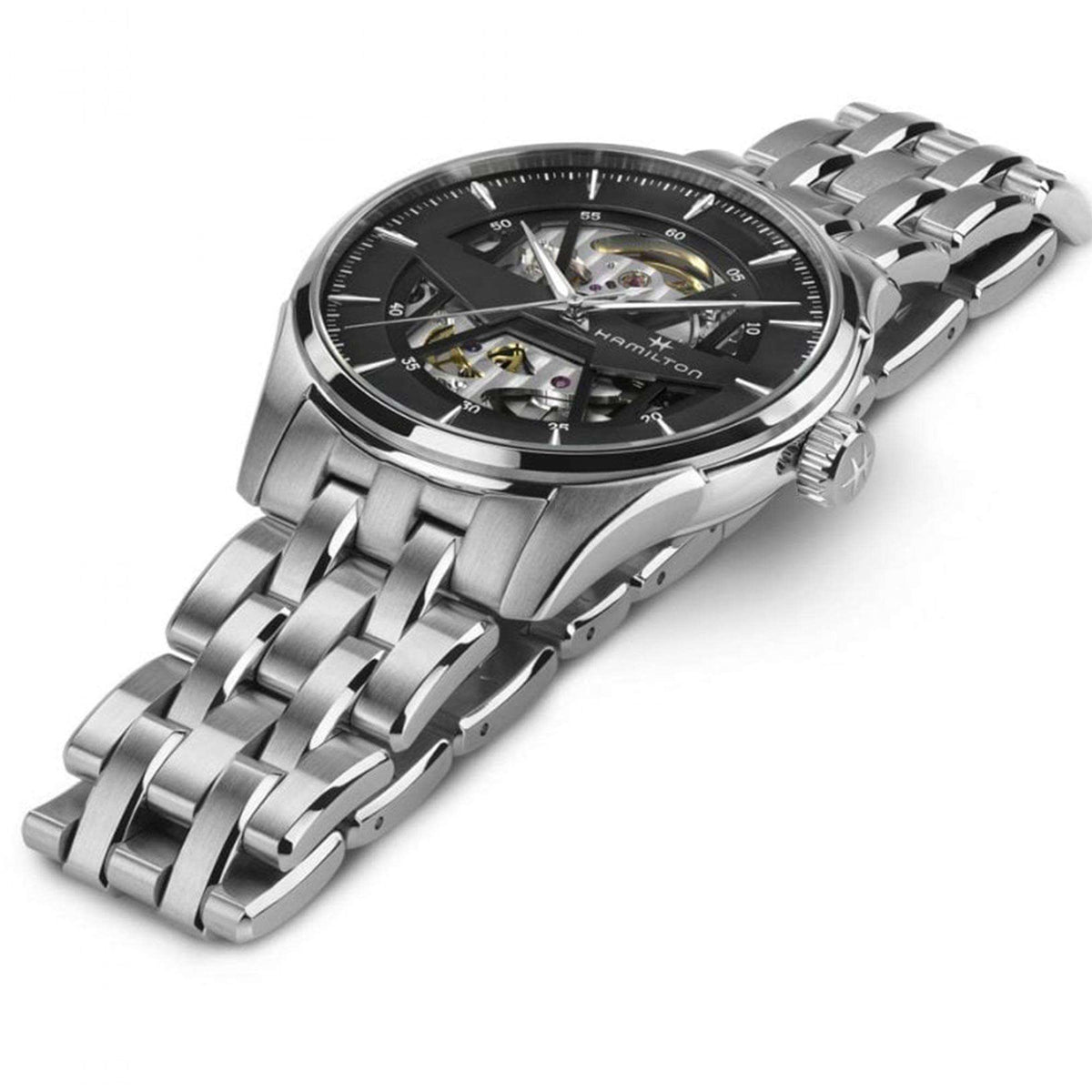 Men's automatic skeleton watch in steel with black-anthracite open dial