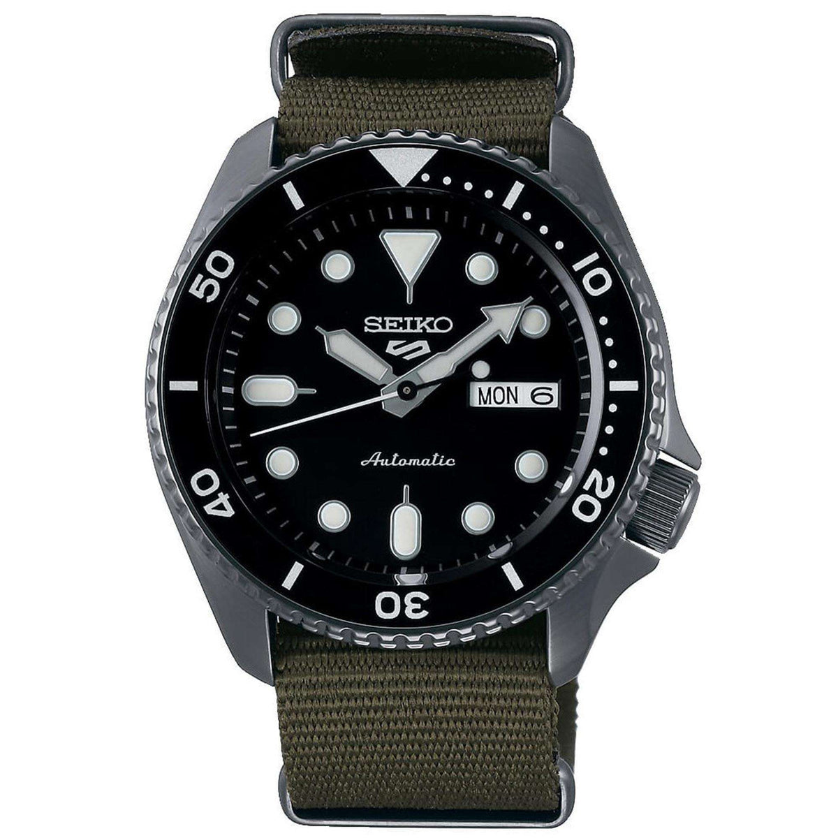 Men's automatic dive-style wristwatch with black dial, green NATO strap, date window