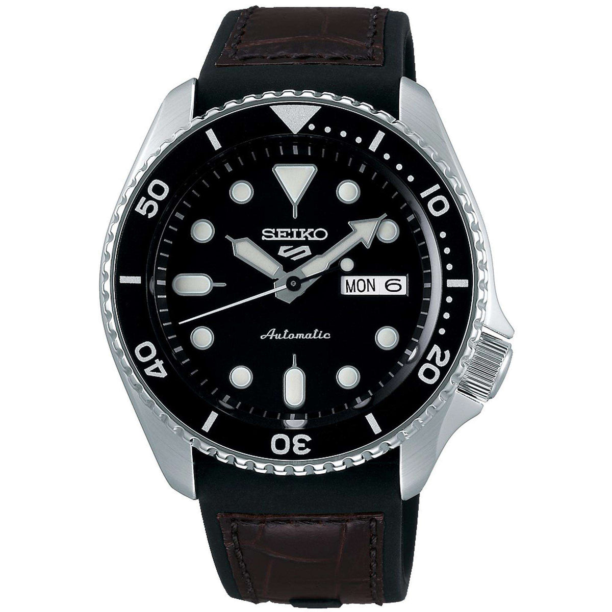 Men's automatic dive watch with black dial, silver bezel, brown leather strap