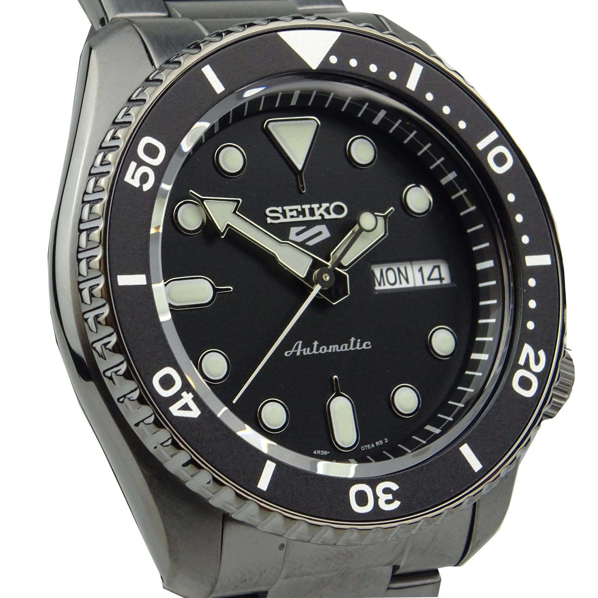 Men's automatic wristwatch with black dial, bezel numerals, and date window showing MON 14