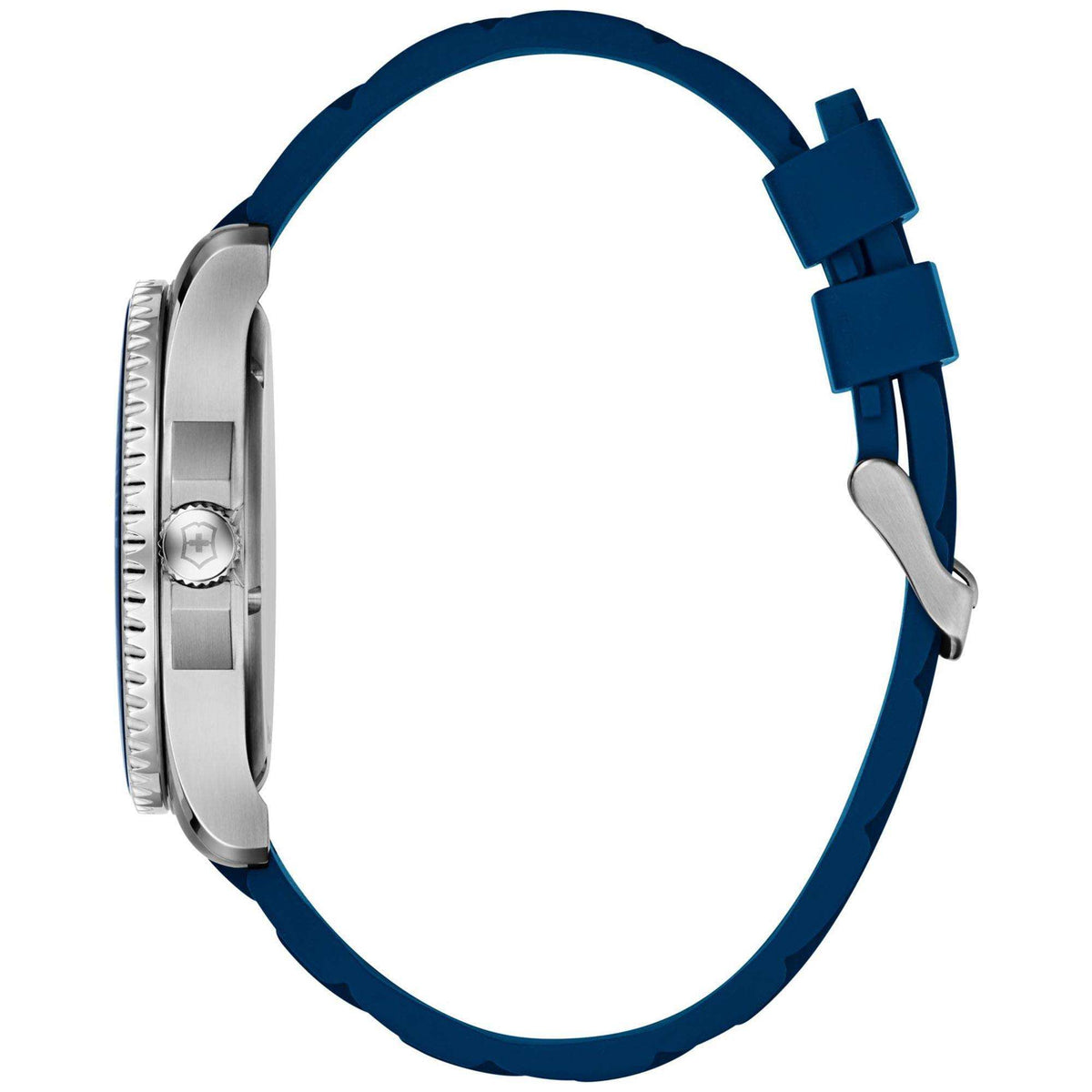 Blue rubber watch strap with metal clasp; stainless case side and crown visible.
