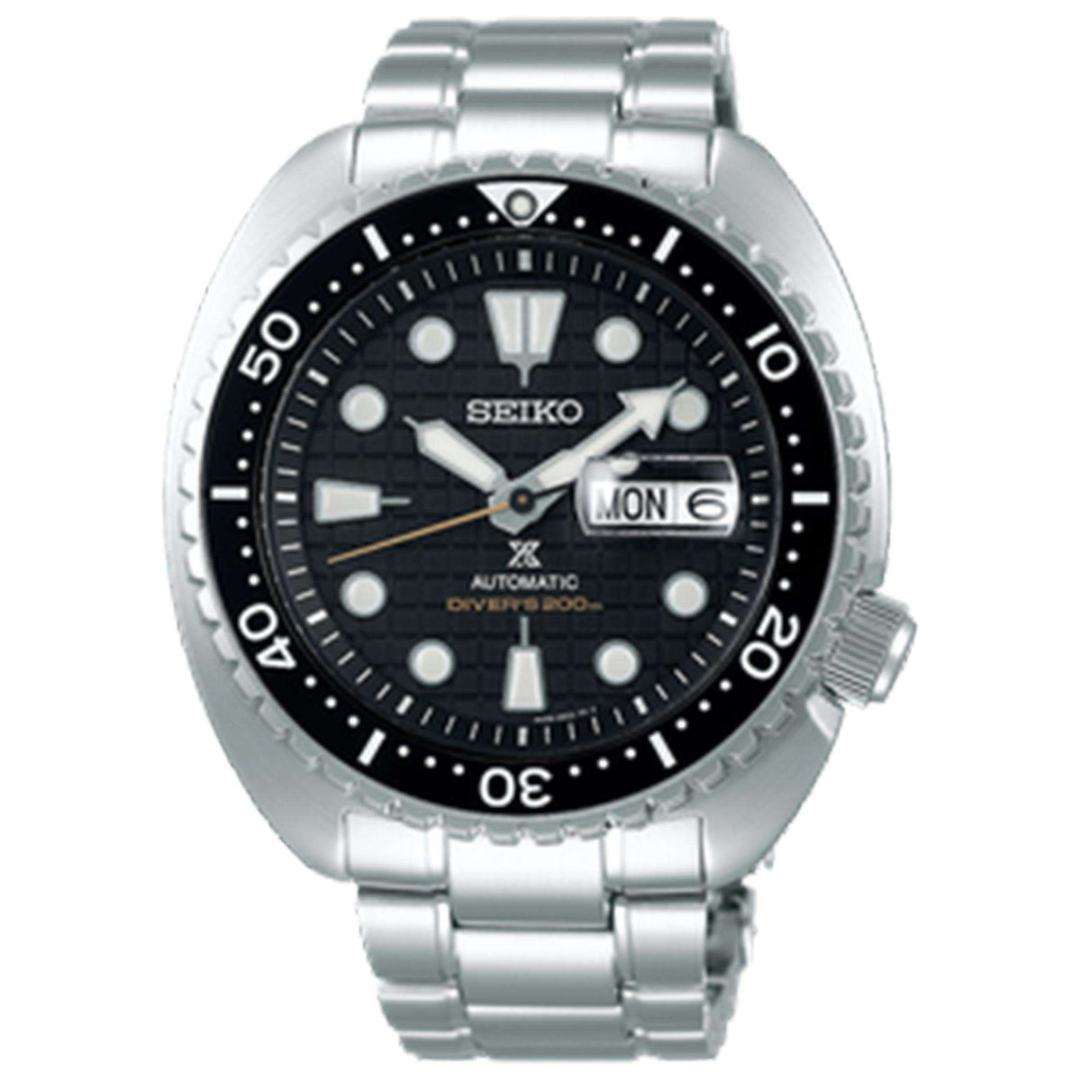 Men's stainless steel dive watch with black dial, rotating bezel, and date window