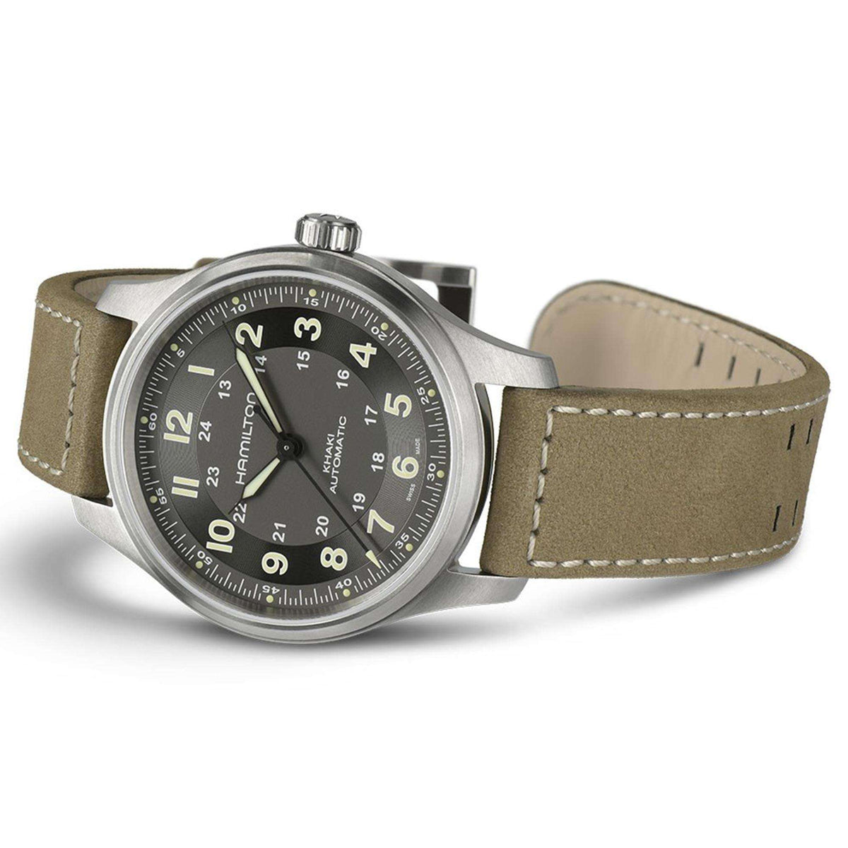 Men's automatic field watch with black dial, steel case, and khaki leather strap