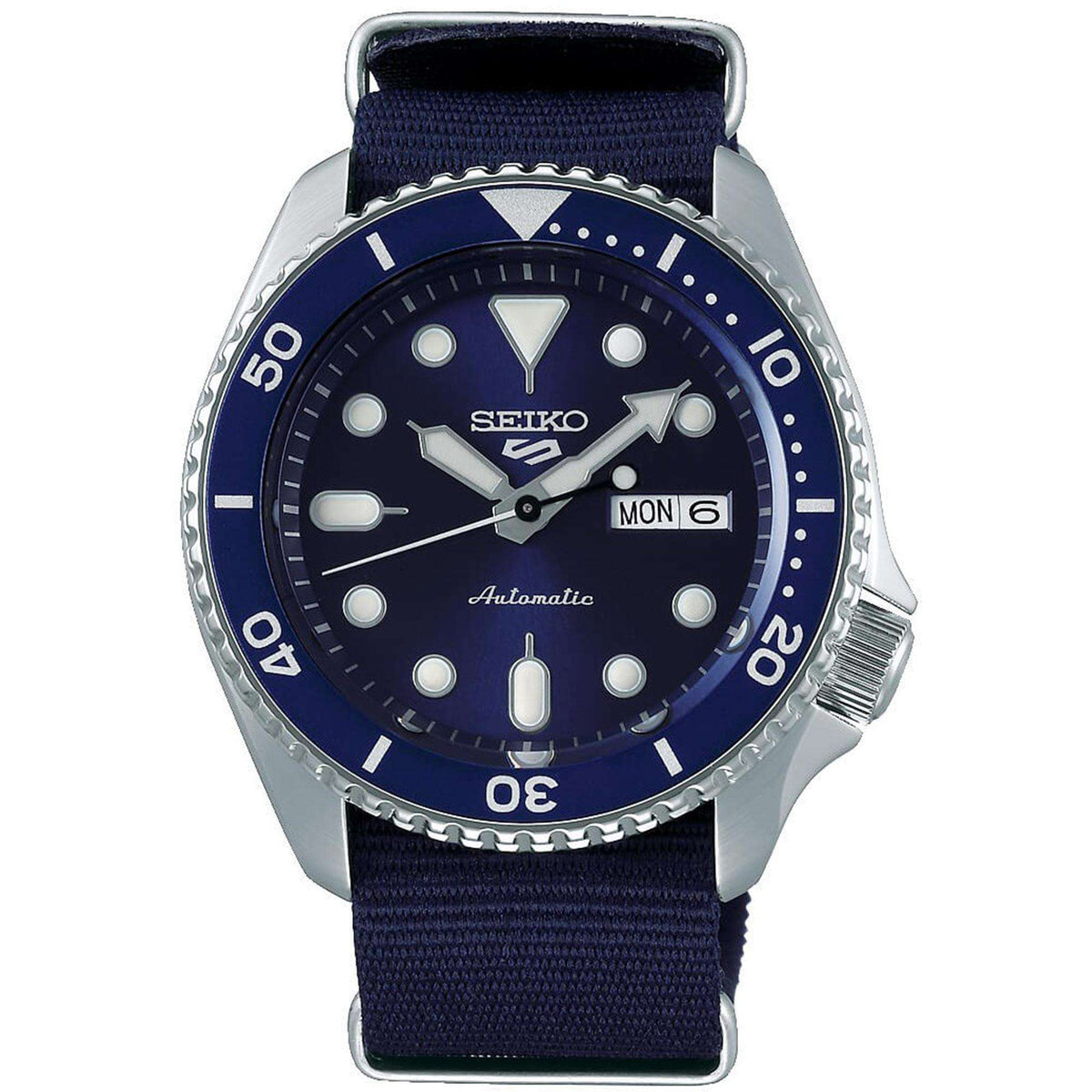 Men's automatic diver watch with blue dial, date window, and navy canvas strap