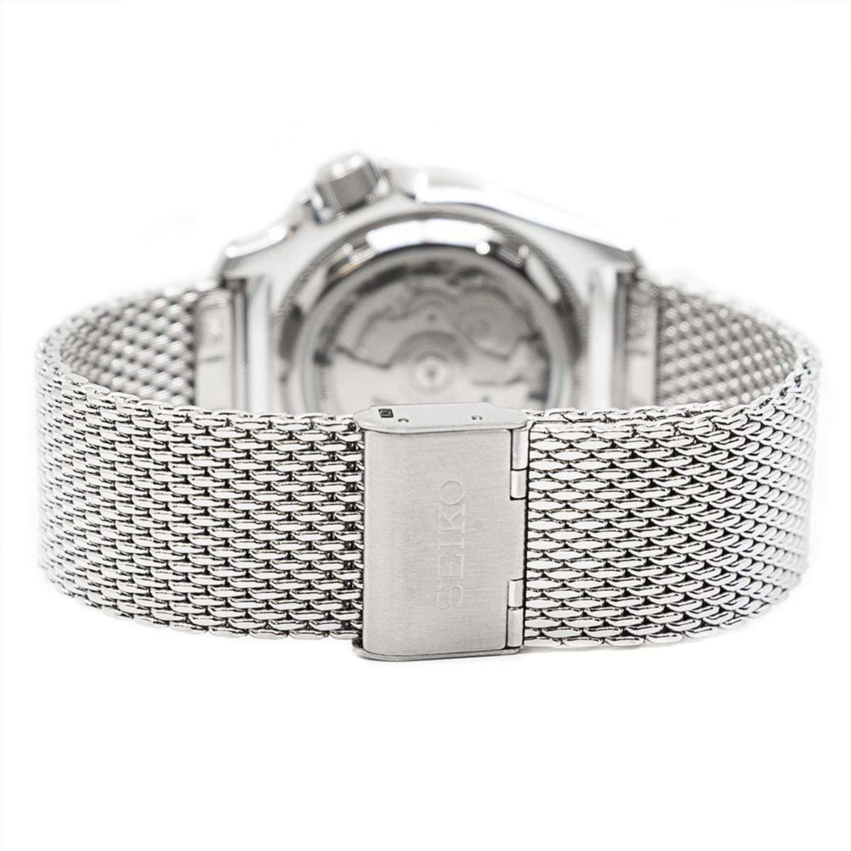 Steel mesh bracelet watch with silver clasp and visible case back