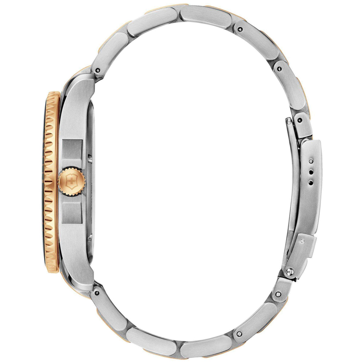Men's stainless steel watch case and band with gold crown accents and oval link details