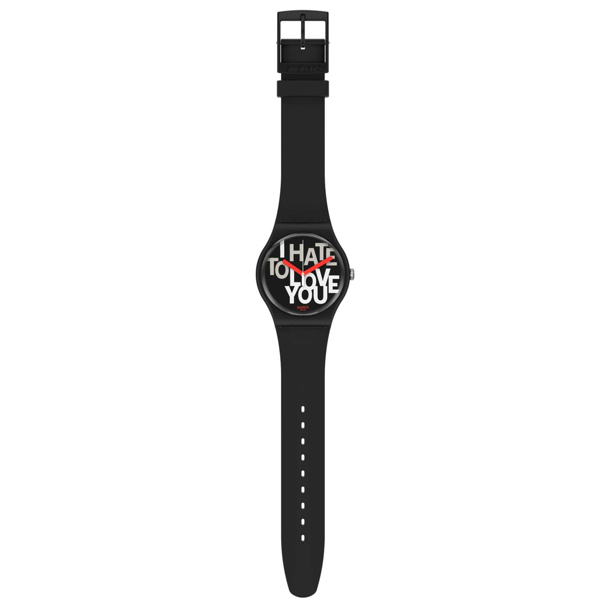 Black quartz wristwatch with silicone strap, "HATE TO LOVE YOU" dial and red hands