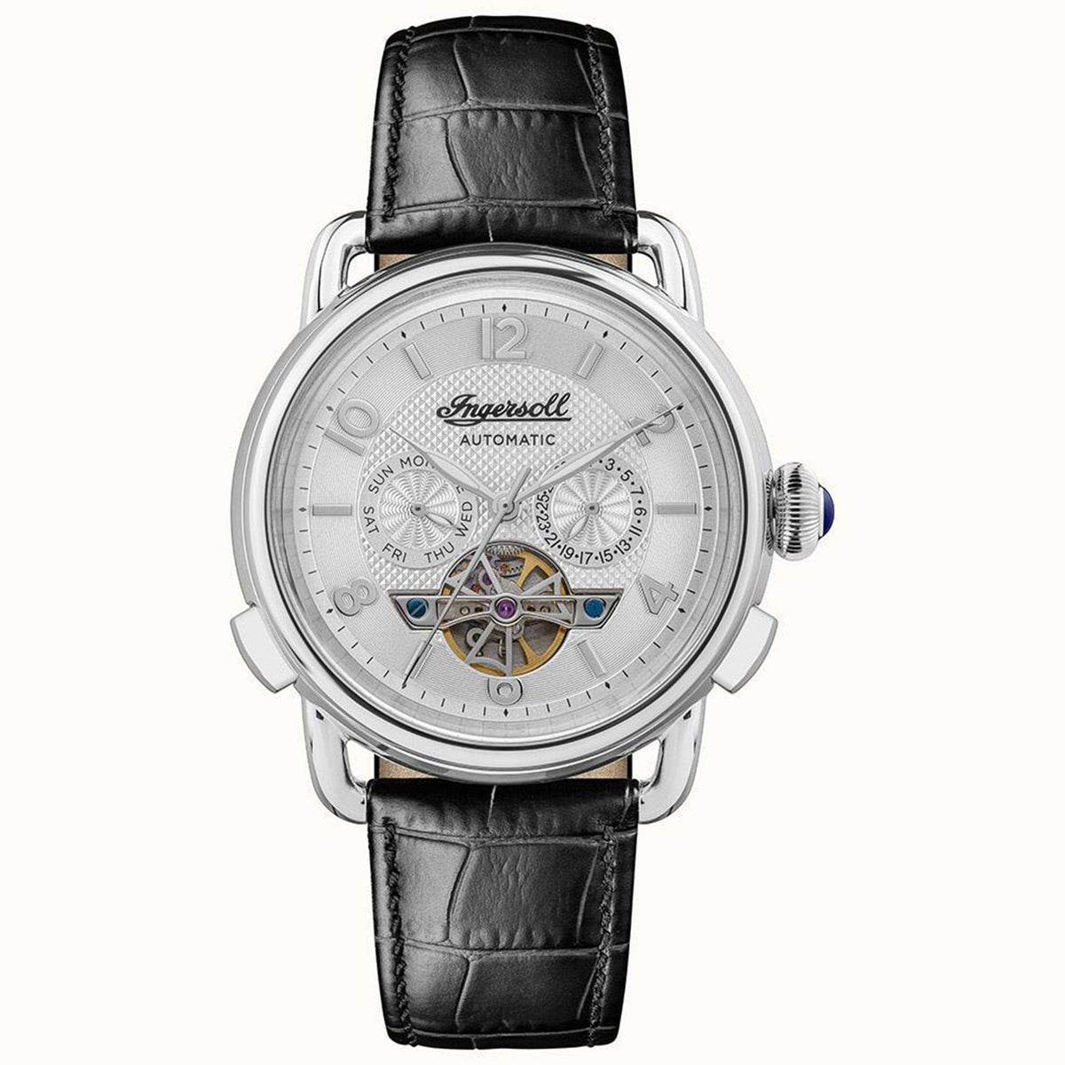 Men's automatic watch with silver dial, black leather strap, and round chrome case