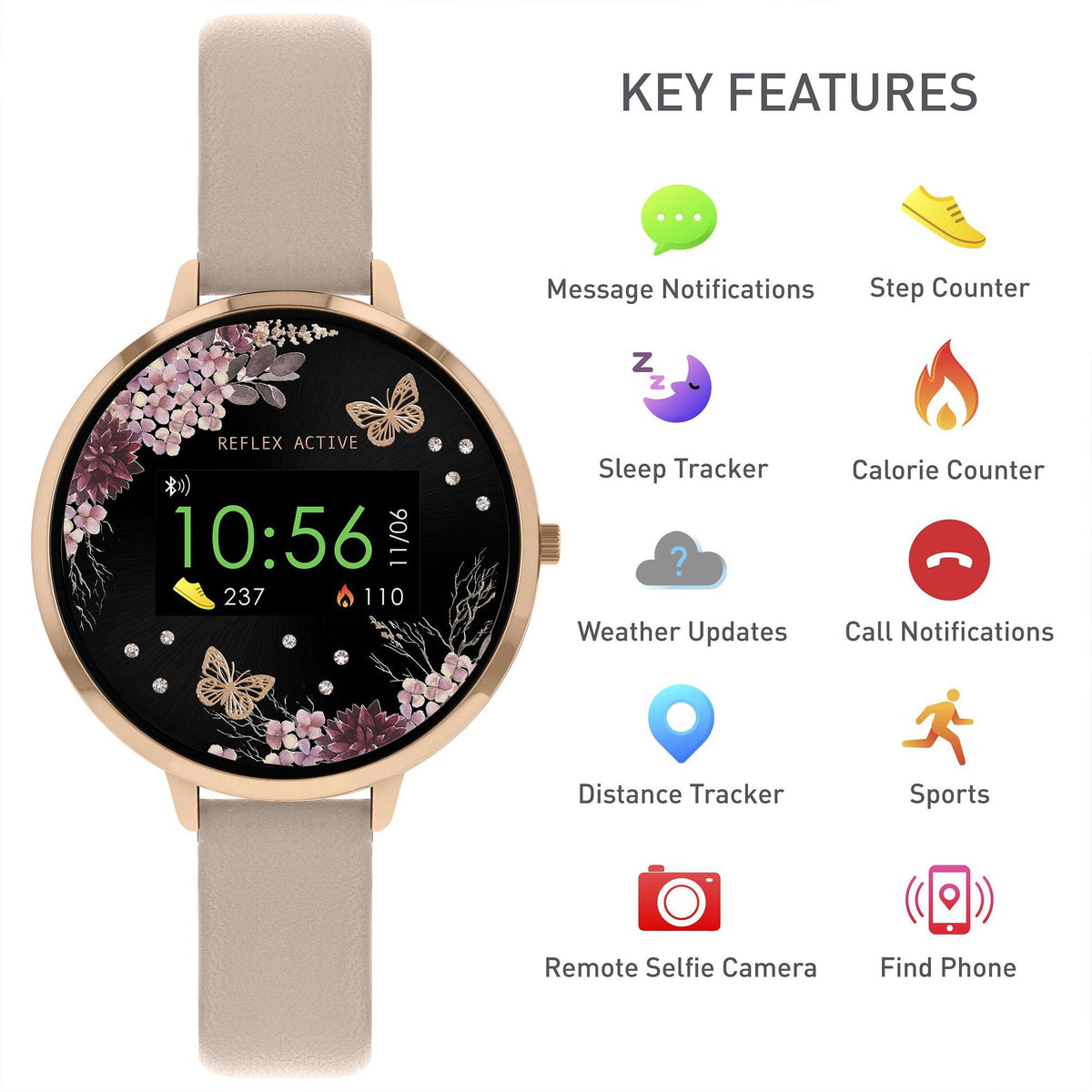 Smartwatch with black floral dial and beige strap, shown with key features icons