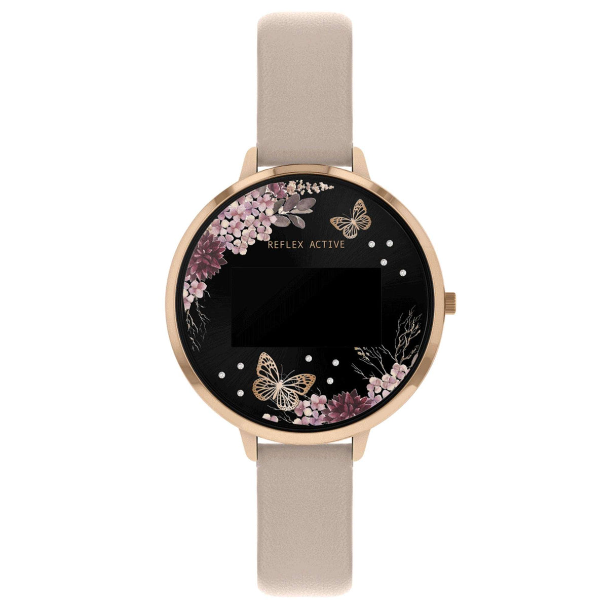 Ladies smart watch with black floral dial, rose-gold case, beige silicone strap