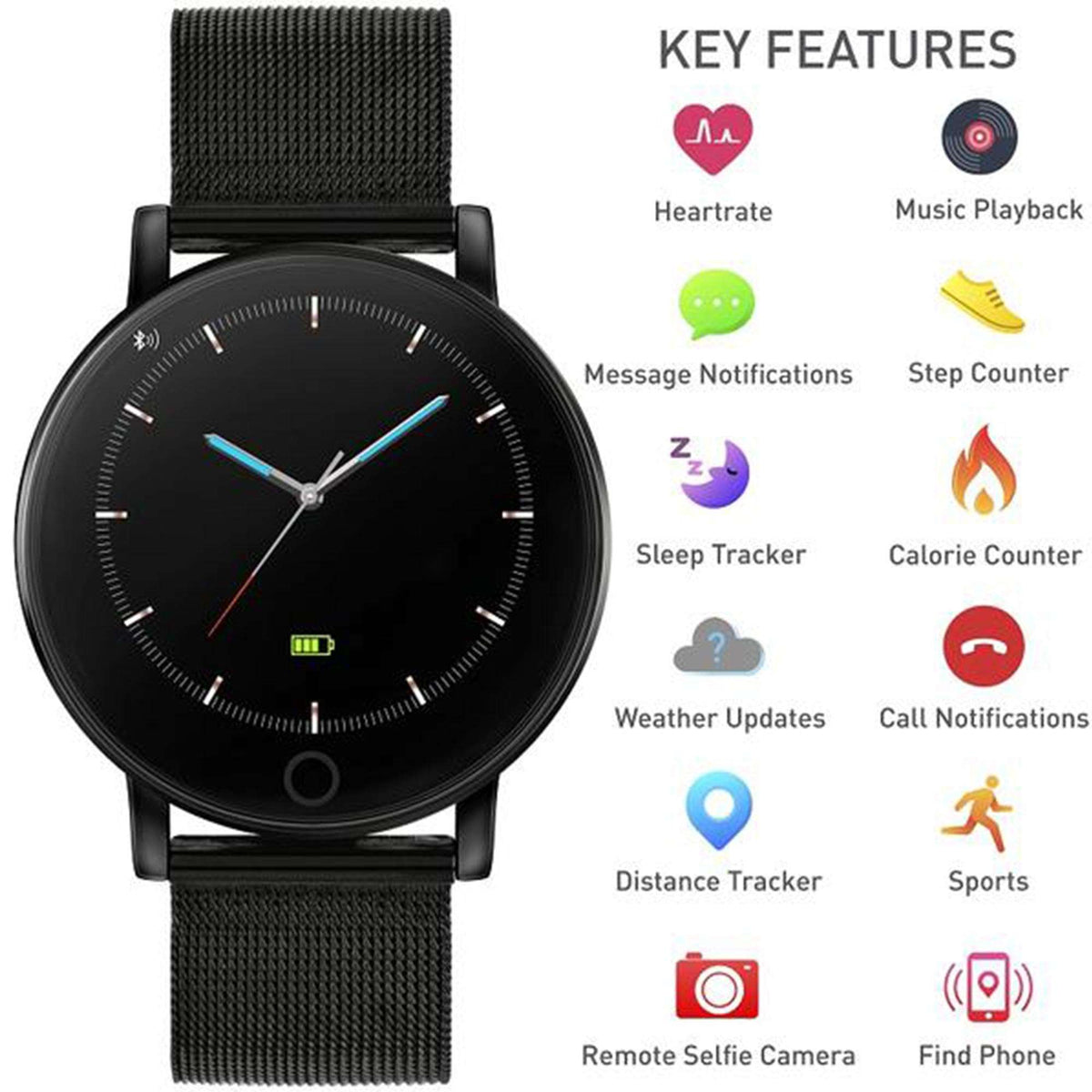 Black digital steel strap smartwatch with round display and mesh band