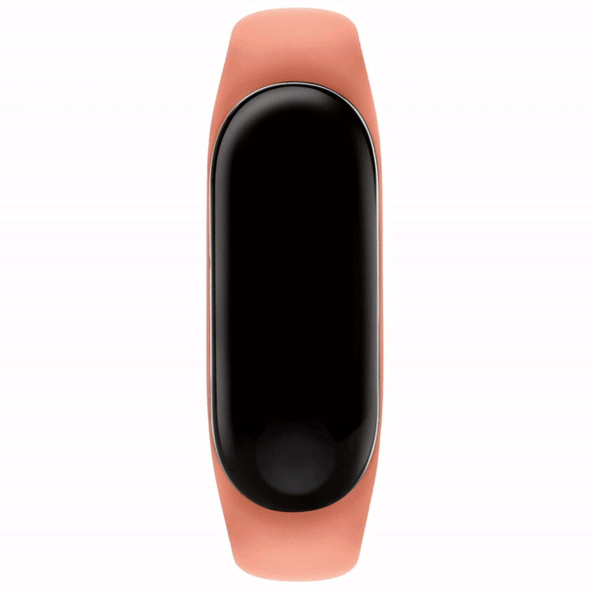 Pink resin strap smartwatch with black display, side view showing curved screen