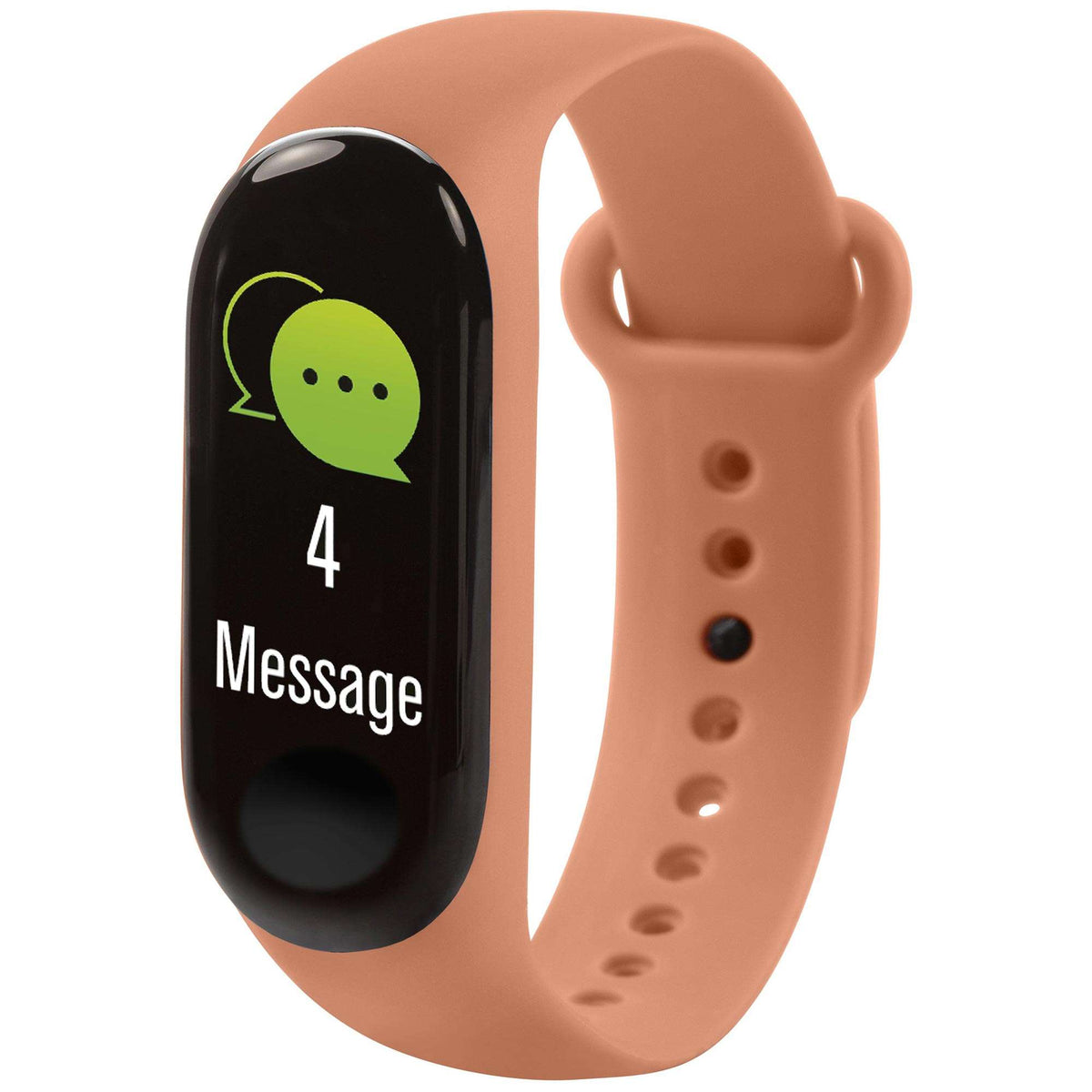 Pink resin strap smartwatch showing message icon and large number 4 on black screen