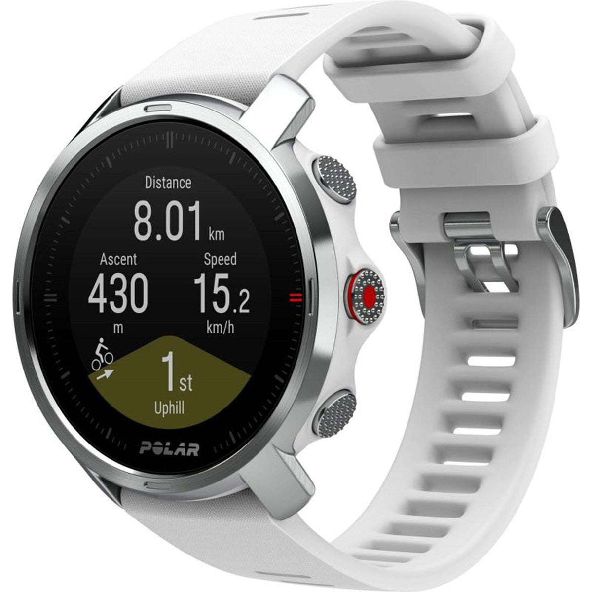 Polar smartwatch side view showing distance and speed data, light strap