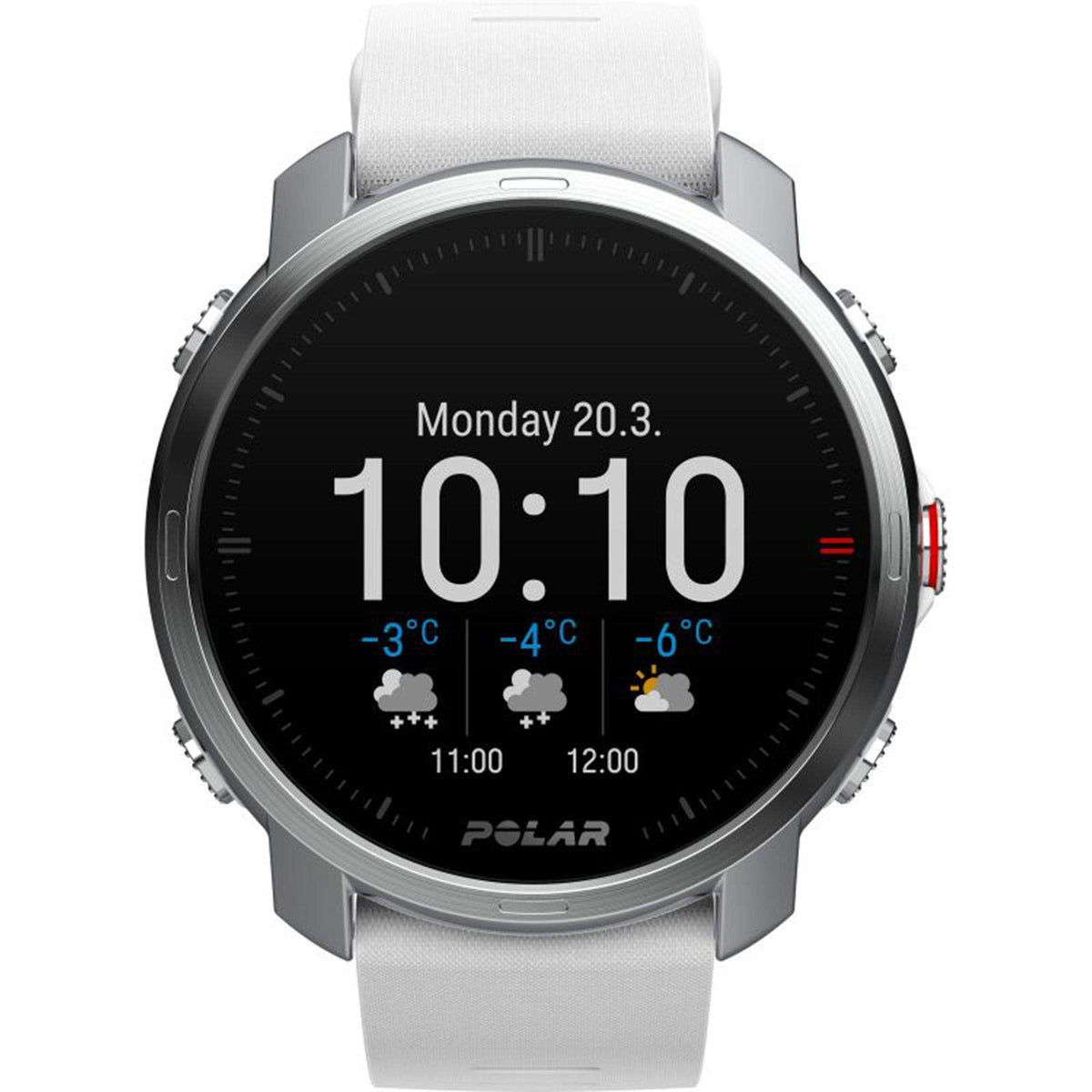 Polar smartwatch with digital display, white rubber strap, round bezel