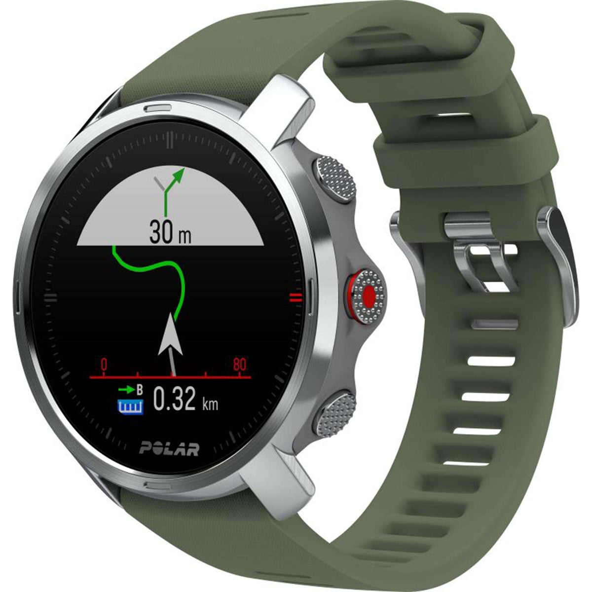 Green rubber-strap smartwatch with dark screen showing route and distance values