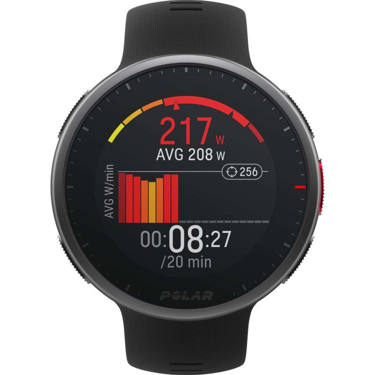 Black rubber strap smartwatch showing 217w average power and 00:08:27 timer