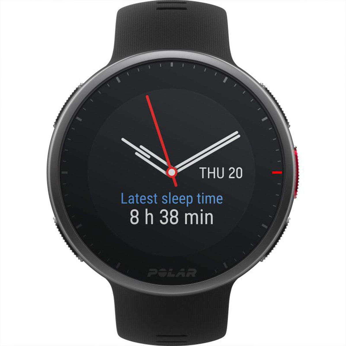 Black rubber strap smartwatch showing latest sleep time and THU 20 date on screen