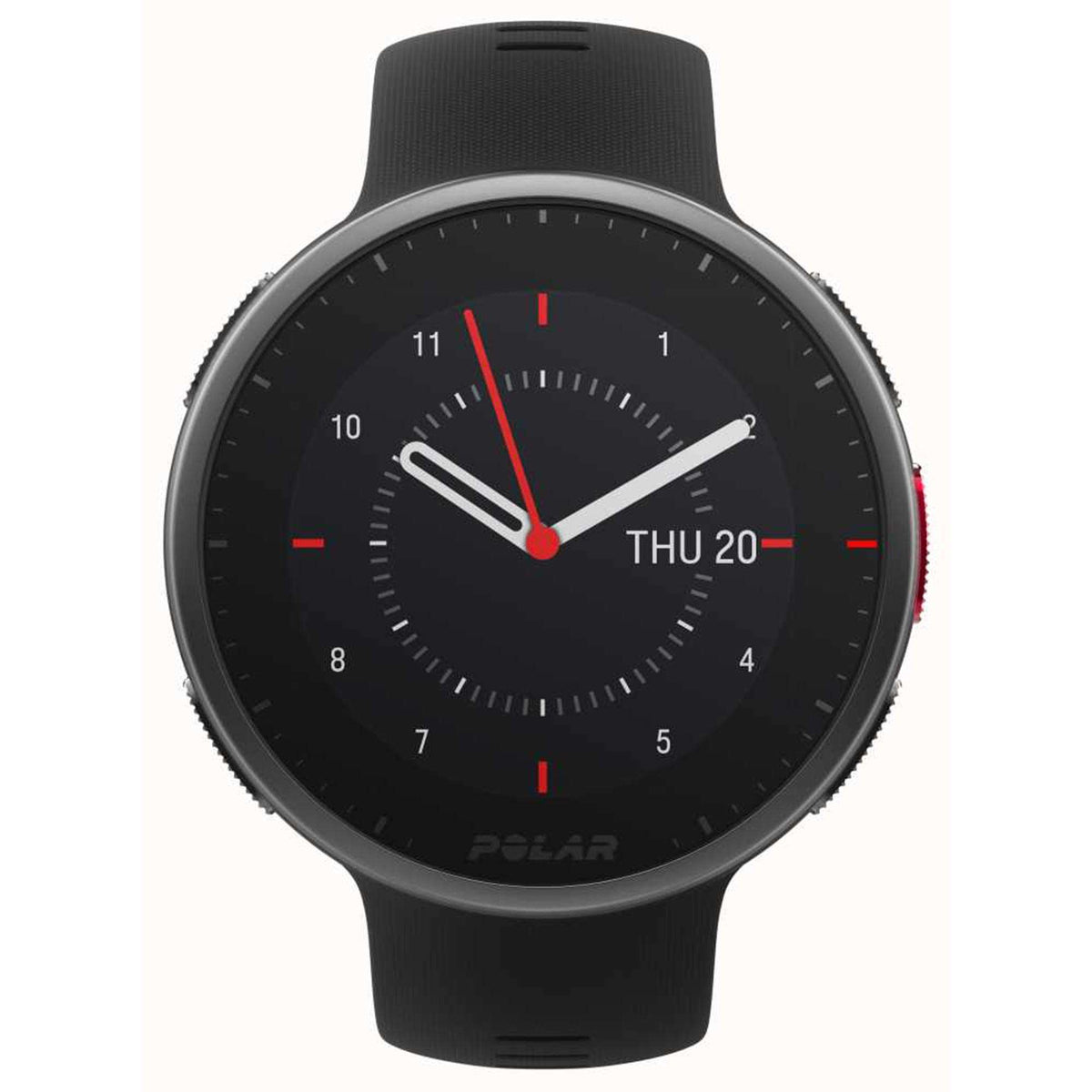 Black rubber-strap smartwatch with black dial, red hands and THU 20 date