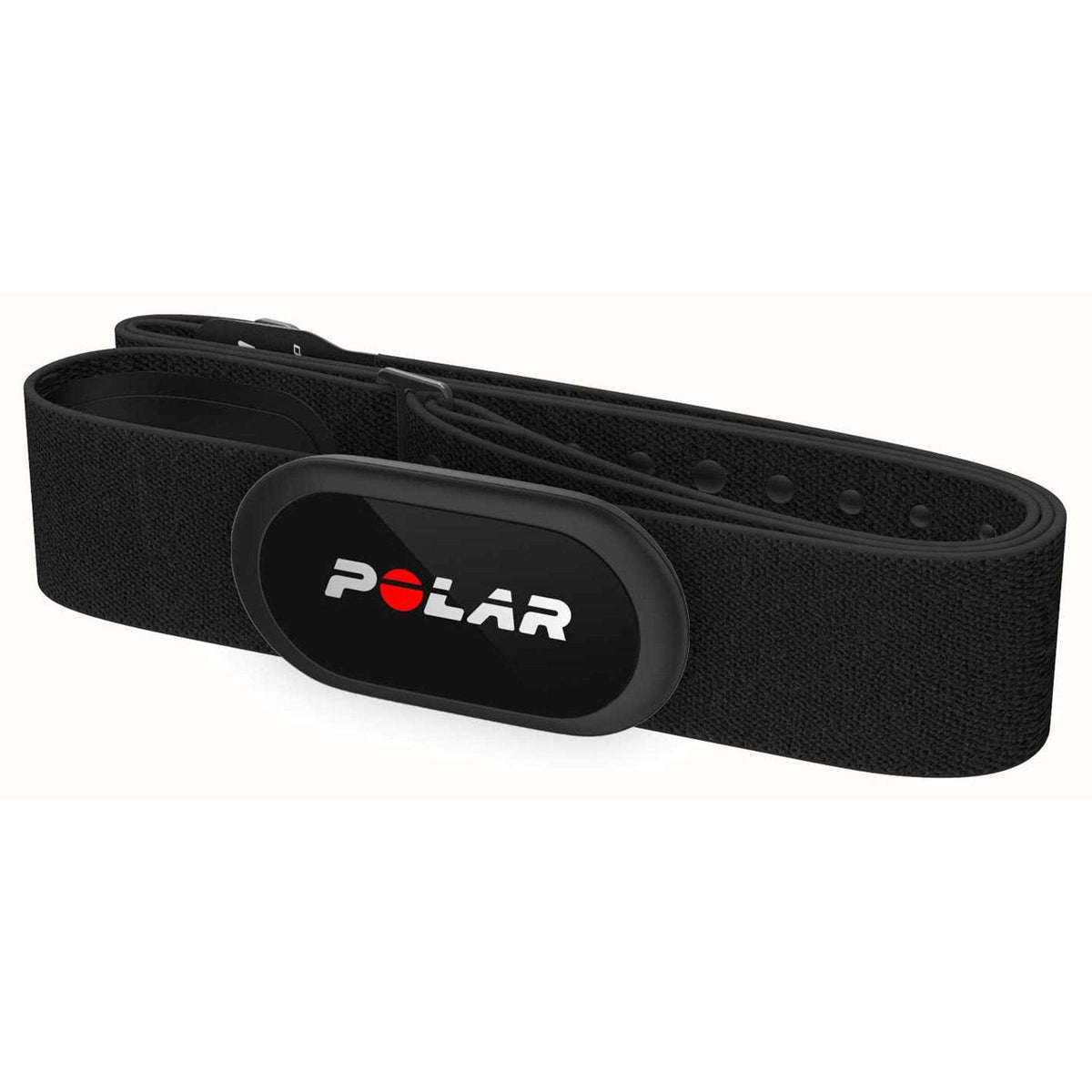 Black rubber smartwatch band with oval POLAR logo patch and textured strap surface.