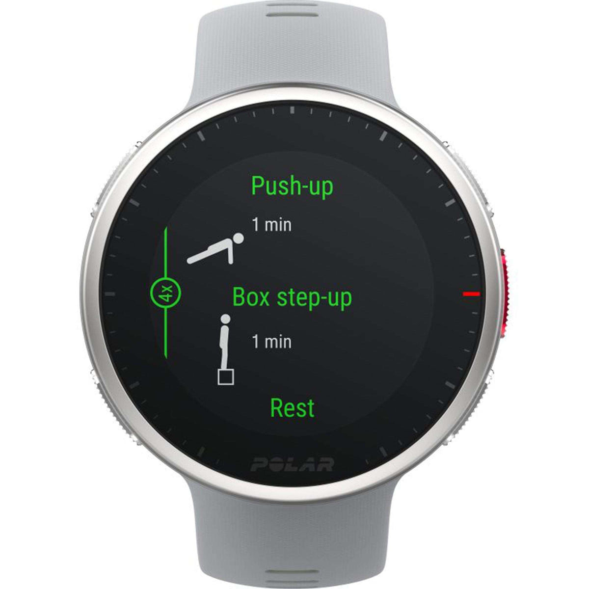 Polar Vantage V2 smartwatch with grey rubber band, black display with push-up and rest