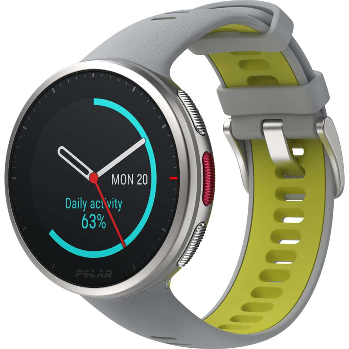 Polar smartwatch with grey rubber band and lime green strap panel, black display with daily activity