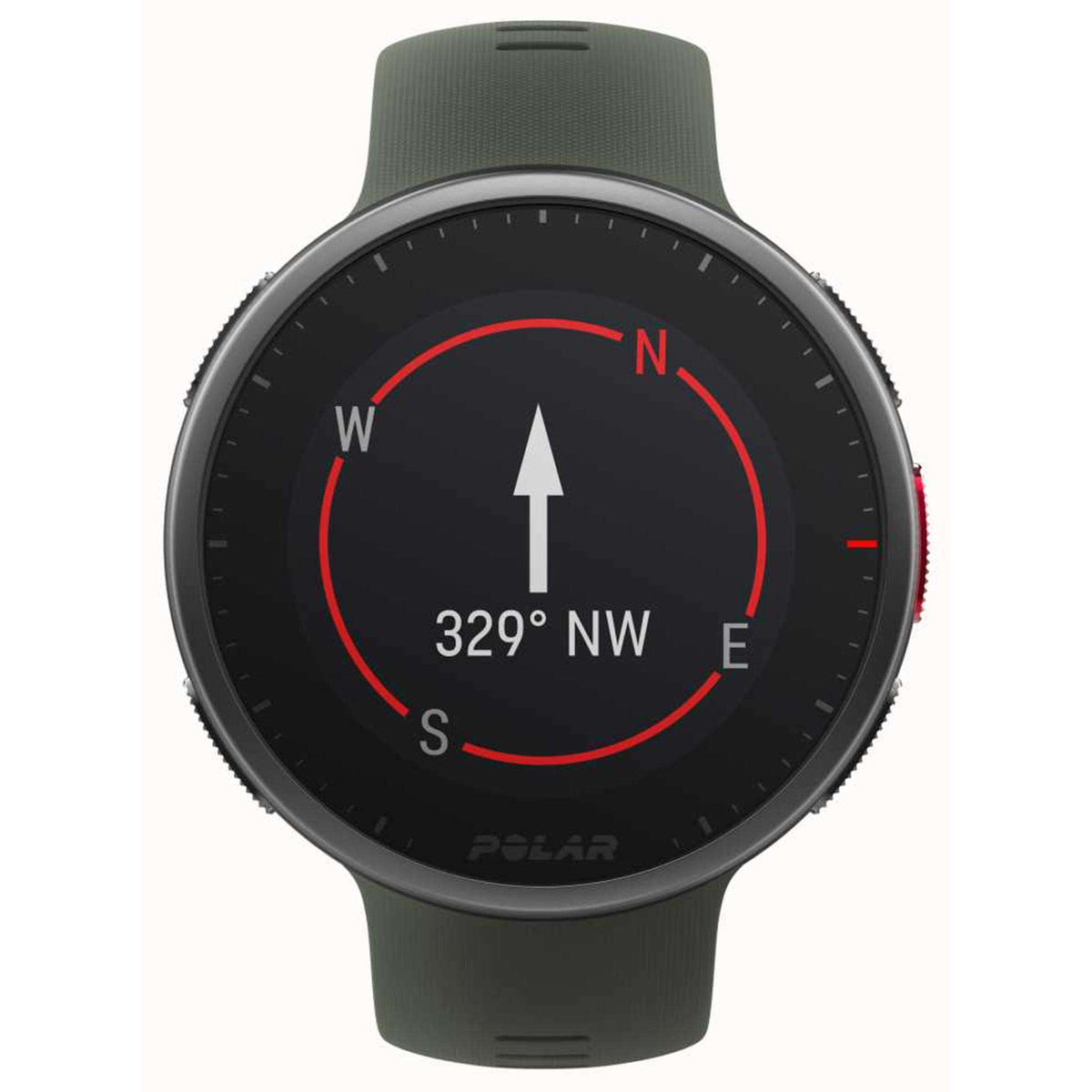 Green rubber-strap smartwatch with black dial showing compass heading 329° NW