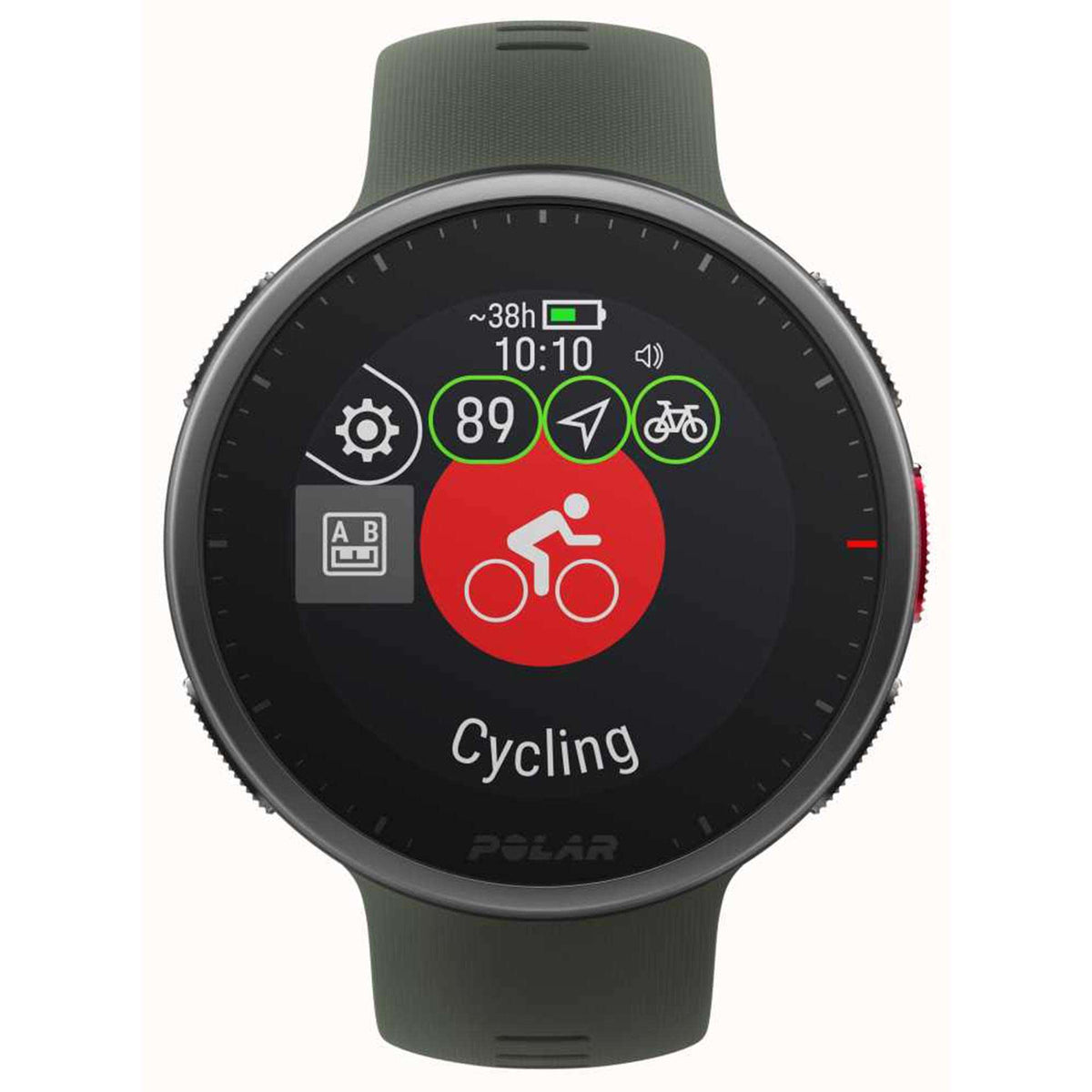 Green rubber-strap smartwatch with black dial and red Cycling activity icons