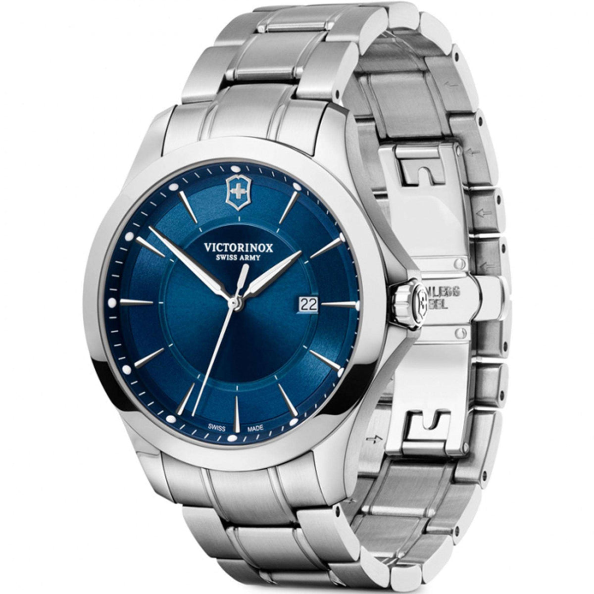 Victorinox steel quartz watch with blue dial on metal bracelet, angled with date
