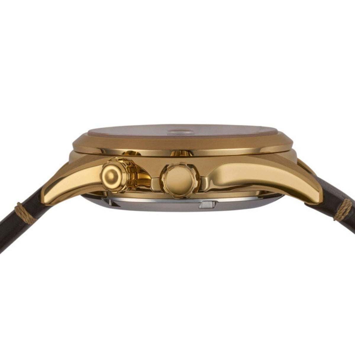 Gold-tone watch case side profile with brown leather strap and crown