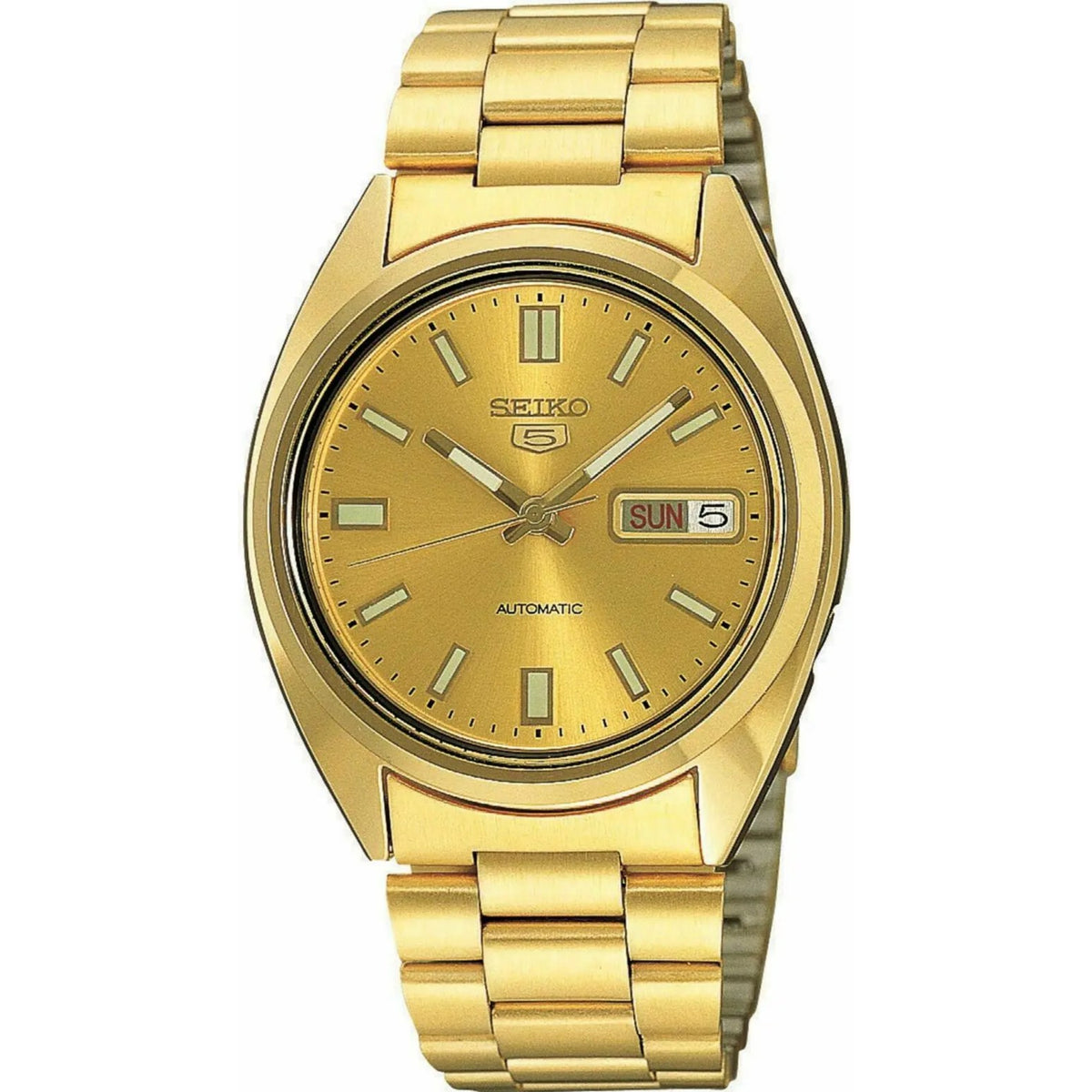 Seiko 5 automatic gold dial steel bracelet mens watch SNXS80K1 front view