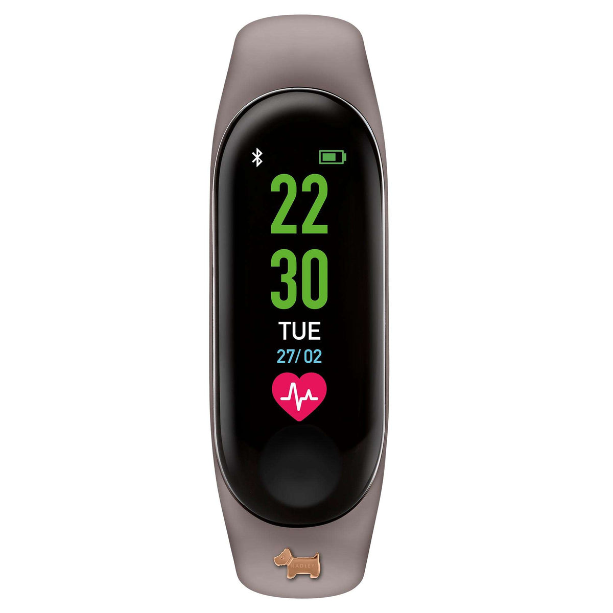 Grey rubber strap activity tracker watch with dark digital screen showing 22, 30, Tue