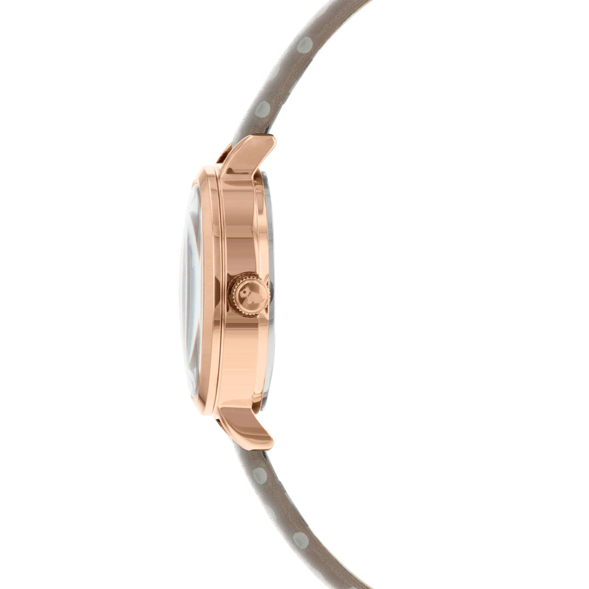 Radley ladies quartz watch side view with rose-gold case and grey dot leather strap
