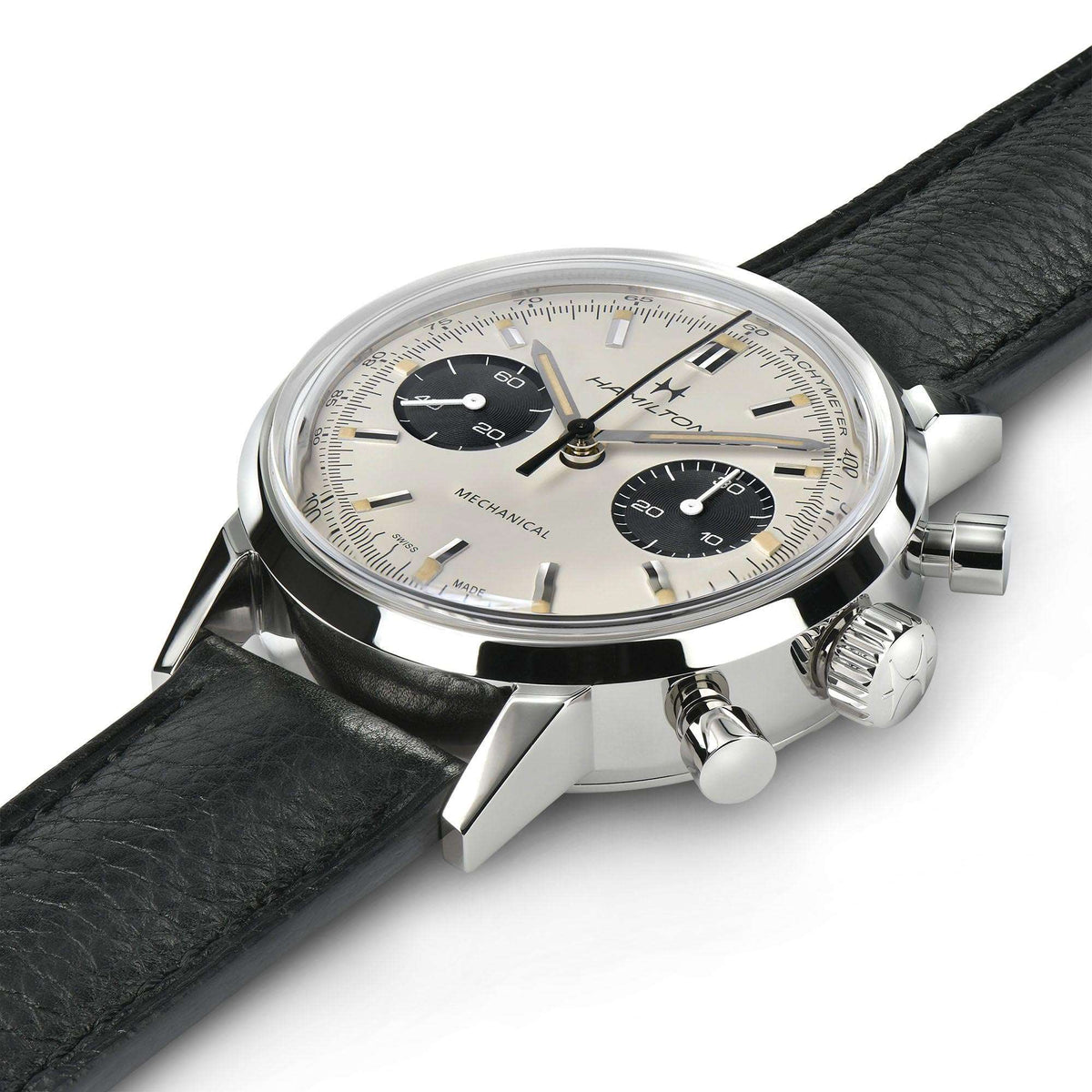 Hamilton chronograph watch on black leather strap, close view of white dial and pushers