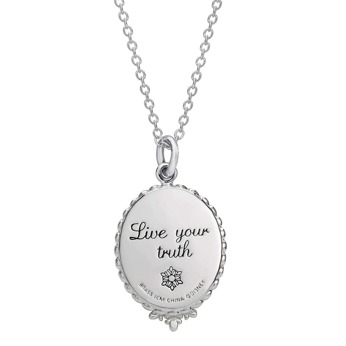 Silver-plated oval pendant necklace back with “Live your truth” script and hand icon