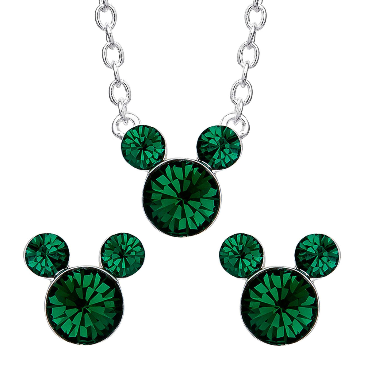 Disney Mickey Mouse birthstone necklace with green crystal pendant and matching stud earrings