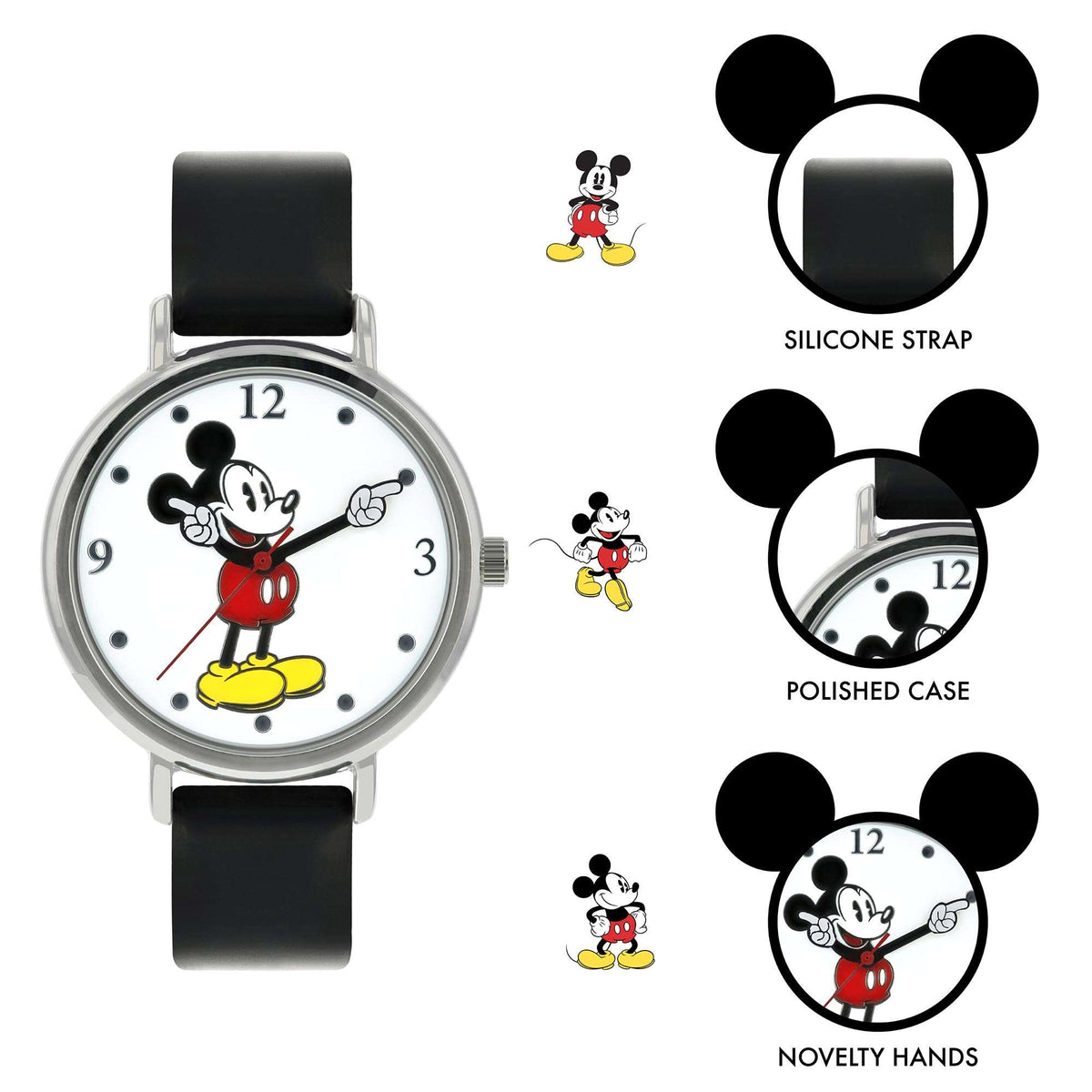 Mickey Mouse watch with black silicone strap, silver polished case, and character dial
