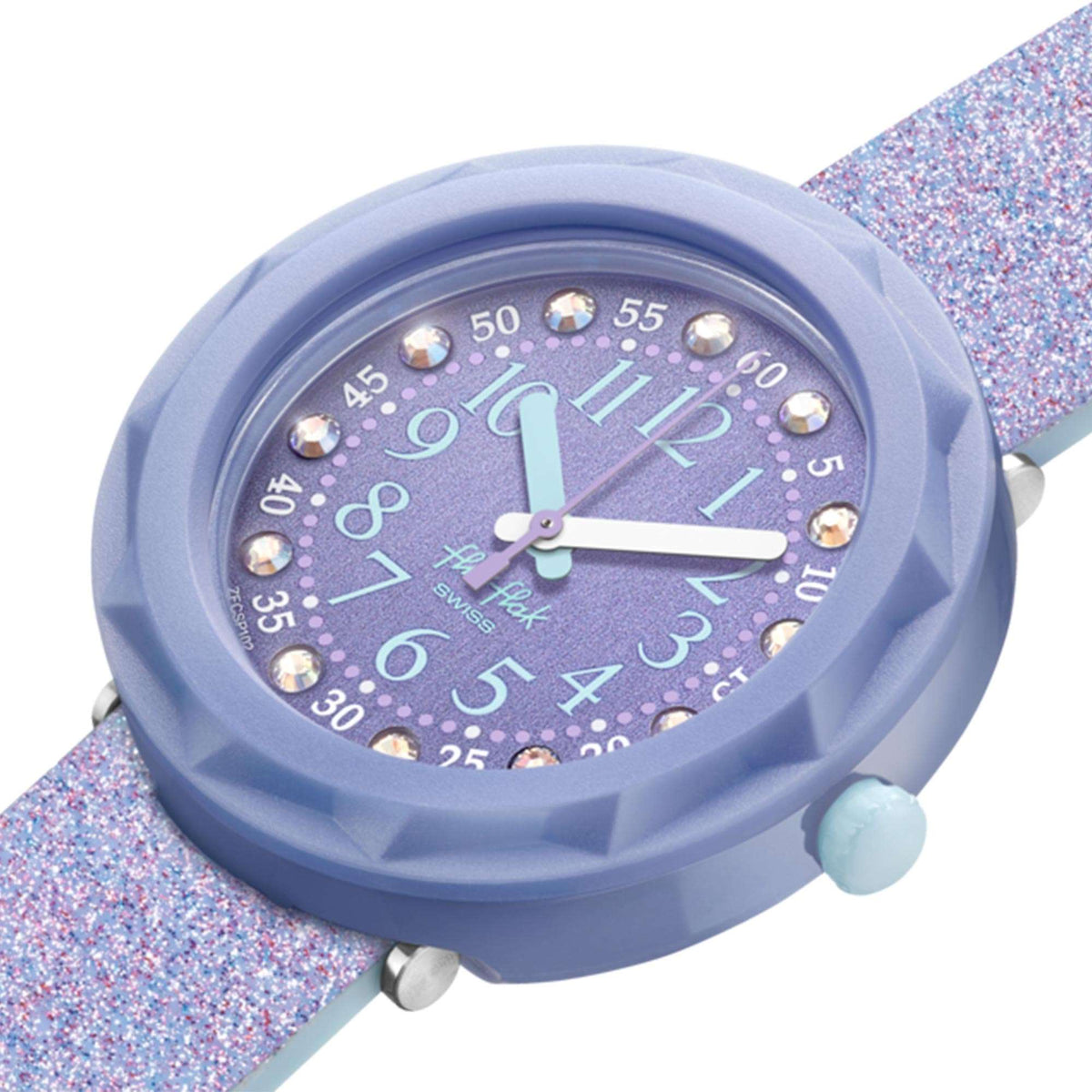 Girls watch close-up: purple dial with jewel markers, lavender case, glitter silicone band