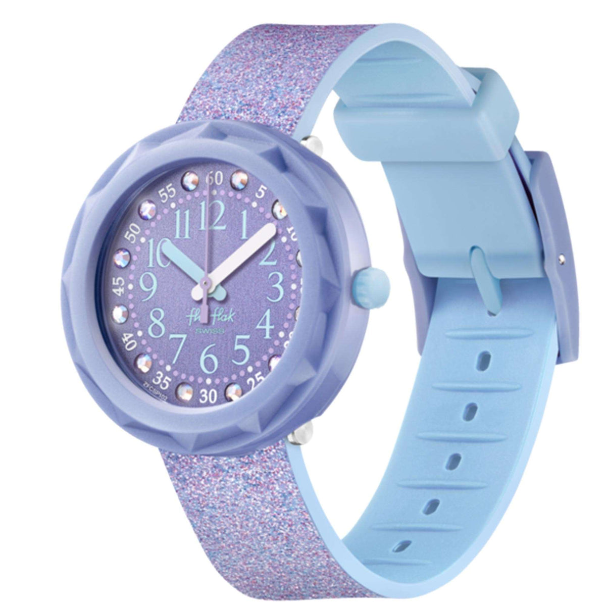 Girls quartz watch with purple dial, lavender strap, side crown and light blue clasp
