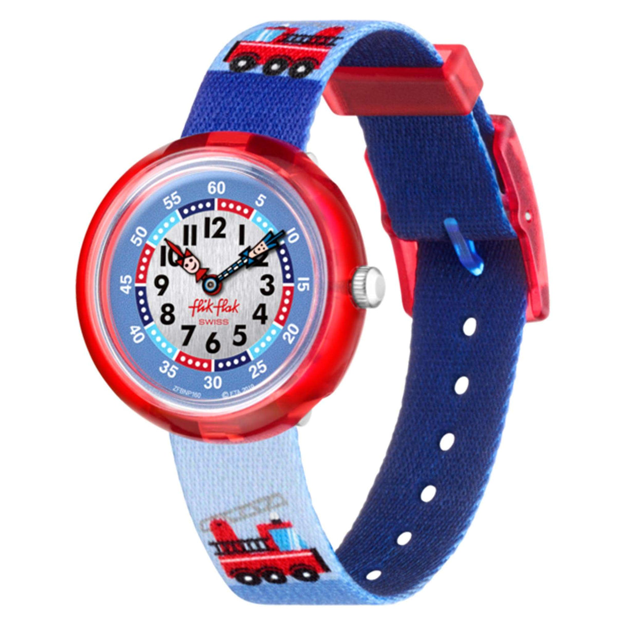 Kids watch with red case and blue textile strap, dotted pattern with firetruck print