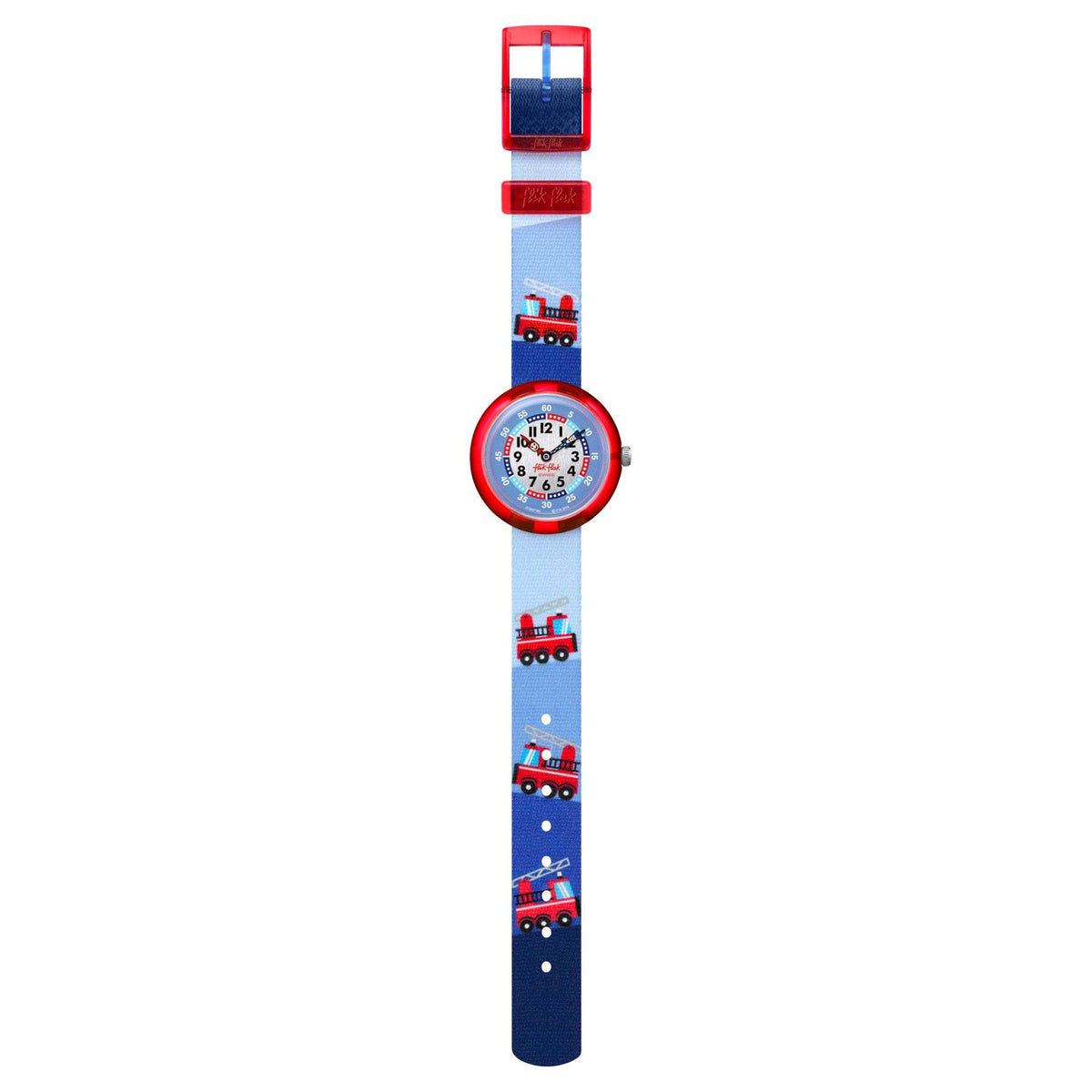 Kids watch on blue textile strap with firetruck prints and red buckle clasp