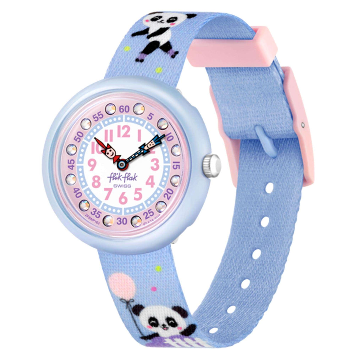 Kids panda wristwatch with blue fabric strap, round light-blue case, pink quartz dial