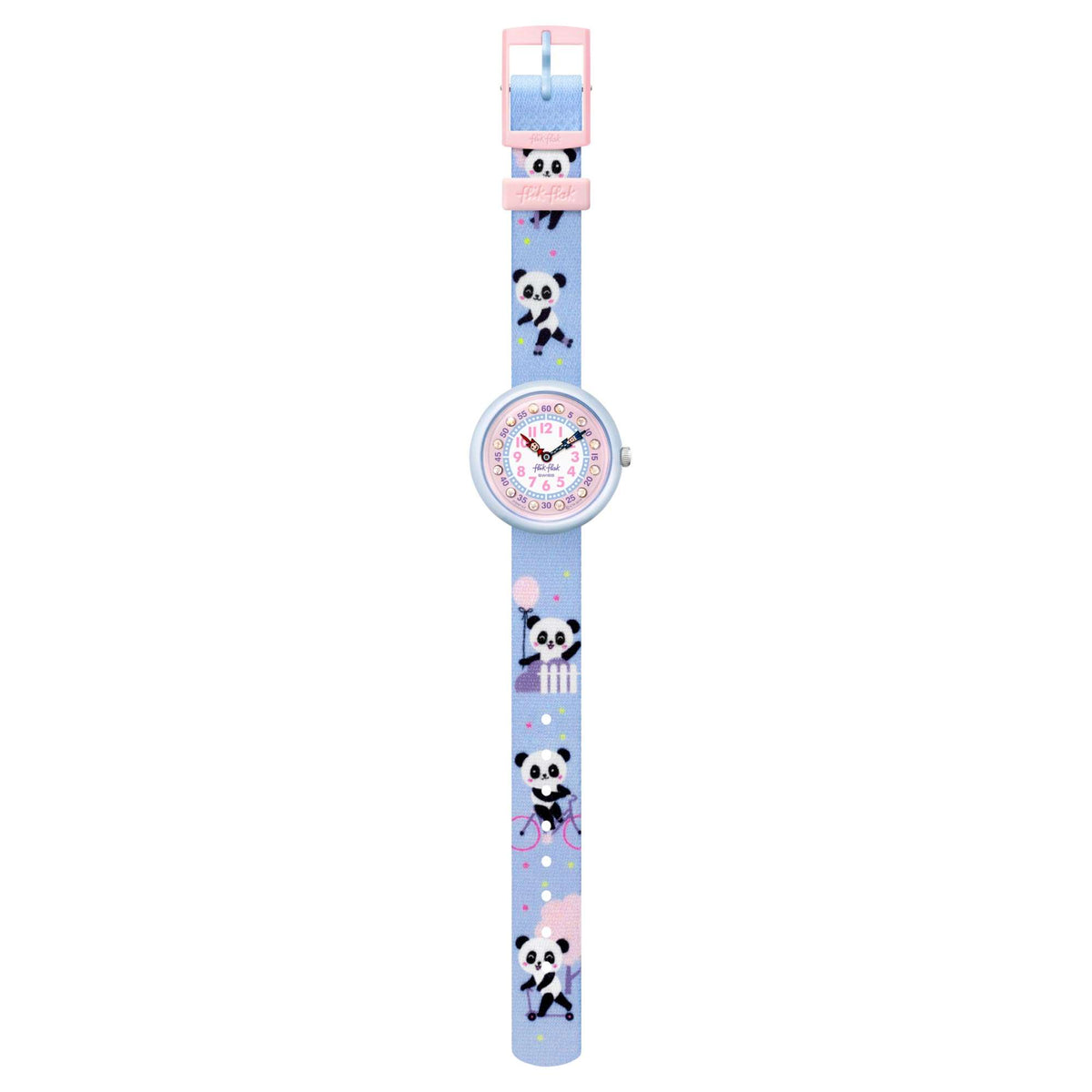Kids textile bracelet watch with round light-blue case, pink dial, and patterned panda strap